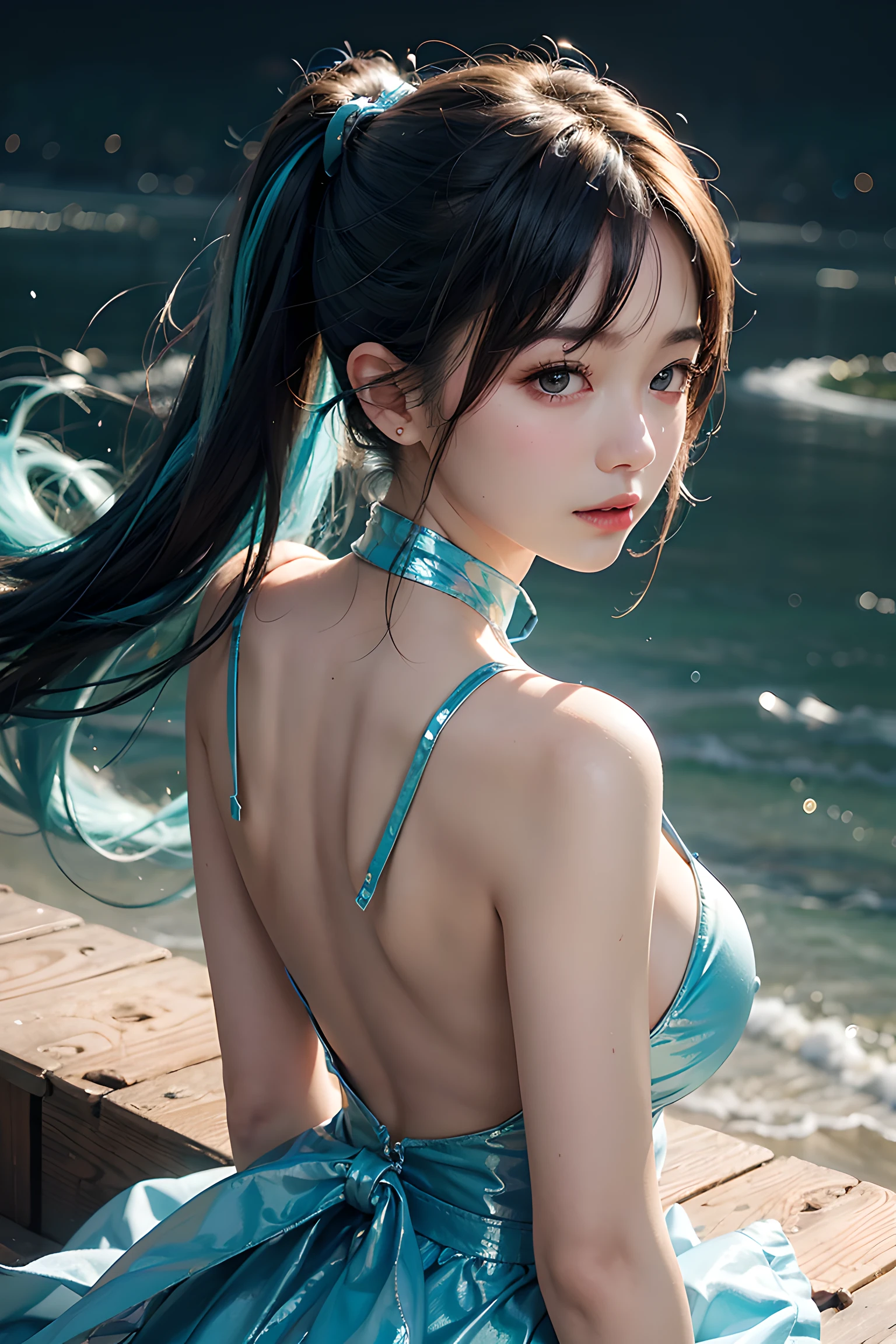(tmasterpiece), (Best quality at best), (ultra - detailed),(Disk hair),(illustratio), (1个Giant Breast Girl), (Fashion clothing), Permanent, A fashion model, looking at viewert, (Interview), (simple backgound), Beautiful and delicate eyes, Delicate and beautiful, floating, (high saturated), (colorful splash), Colorful bubbles, (shine), Focus on the face, pony tails, Ayaka Kamisato, lightblue hair, By bangs, Hair rings, floating flowers, floated hair, (Shiny), best illuminate, The best shadow, full bodyesbian, Faraway view