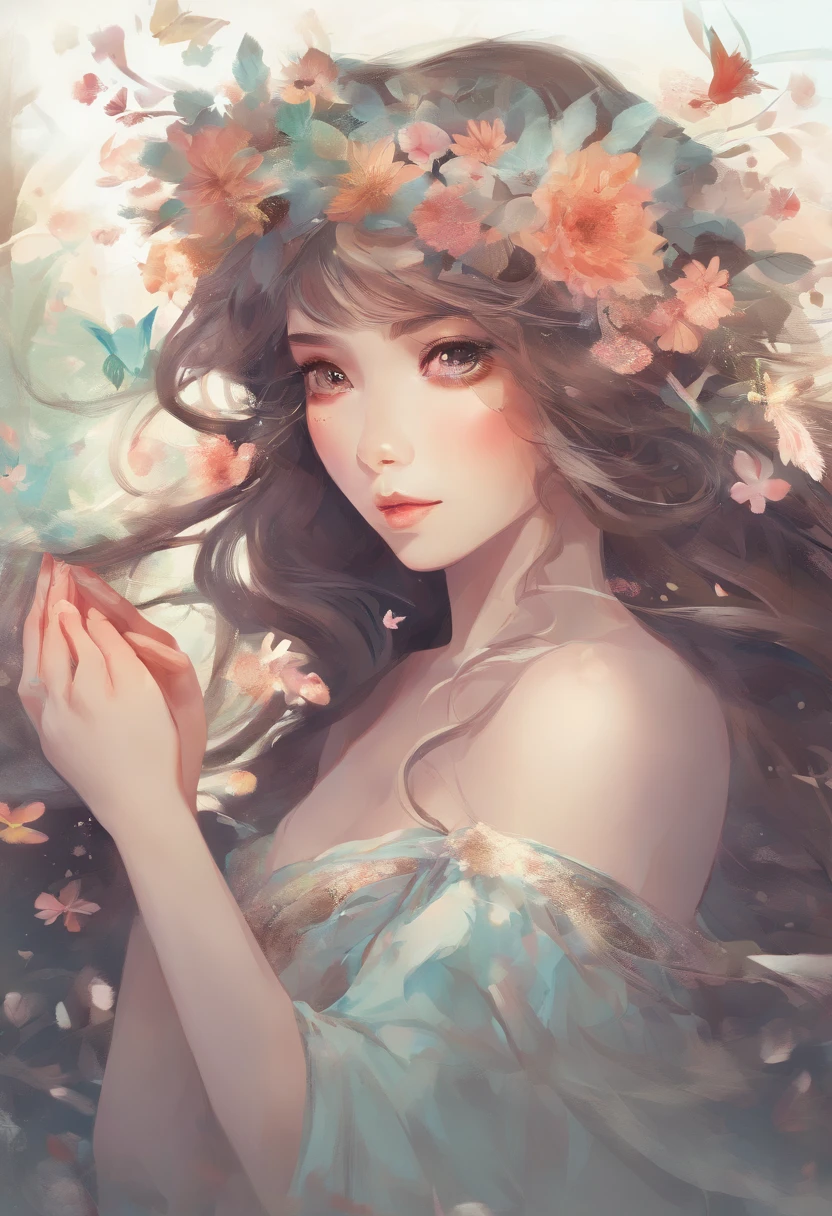 (best quality,4k,highres),ultra-detailed,photorealistic,illustration,portrait,pastel colors,soft lighting, whimsical, magical, enchanting, dreamy atmosphere, ethereal, sparkling fairy dust,forest backdrop, ray of sunlight, dancing amidst flowers, delicate floral crown, graceful pose, flowing hair, mystical aura, vibrant and lively scene, woodland creatures, gentle breeze, playful and mischievous expression".