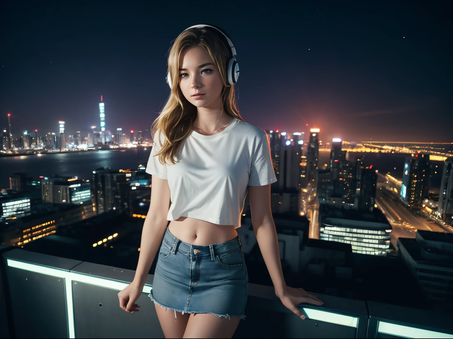 Photo of 18-year-old Emily VanCamp wearing white T shirt and jeans skirt and headphone. navel look. she is on the stage.overlooking a (scifi solarpunk)1.2 city skyline, night, (backlit)1.2, (film grain)1.2, coastal atolls