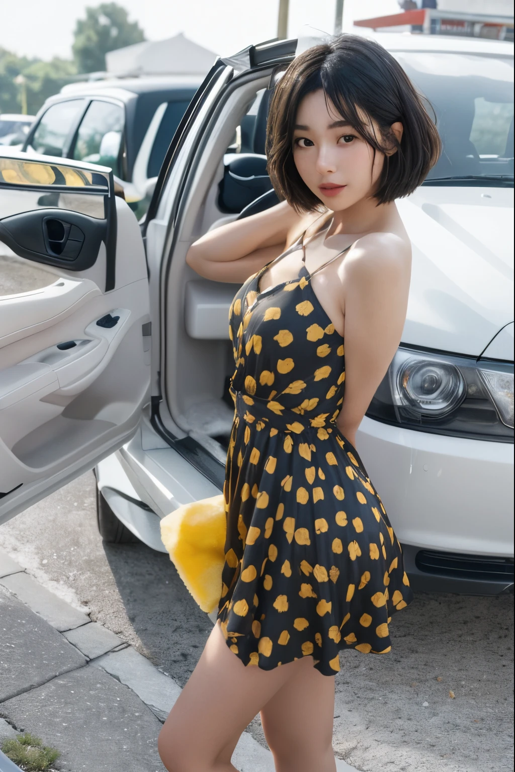 (Best quality, 8k, 32k, Masterpiece, UHD:1.2) "Generate an art scene featuring a Japanese girl model with a chic bob hairstyle gracefully wash(Best quality, 8k, 32k, Masterpiece, UHD:1.2) "Produce a captivating art piece featuring a girl with a stylish bob haircut, illuminated by dramatic and cinematic lighting that accentuates the contours of her face and hair. Create an atmosphere that exudes intrigue and depth, with shadows and highlights playing a central role in defining the scene. The lighting should emphasize the girl's features and add an extra layer of drama to the composition, making it visually striking and evoking a sense of mystery and allure."ing a car. Show her engaged in the task, portraying her in a confident and poised manner while cleaning the car with care. Highlight the interaction between the girl and the car, emphasizing the details of the washing process and incorporating elements of a pleasant and sunny environment. Capture the scene with a sense of elegance and simplicity, focusing on the girl's poise and the aesthetic of the car wash moment." swimsuit, very sexy, provocative, voloptuous, washing it in a sexy way, portrait, car washing,photorealistic,girl