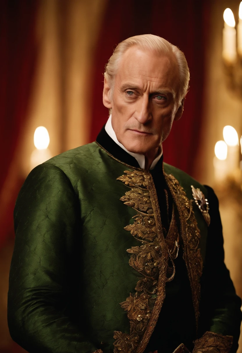 A black-tie event with an opulent ballroom and chandeliers hanging from the ceiling,Game of Thrones,Tywin is tall with receding blonde/grey hair, green eyes, grim expression, wears red and gold, famously portrayed by Charles Dance