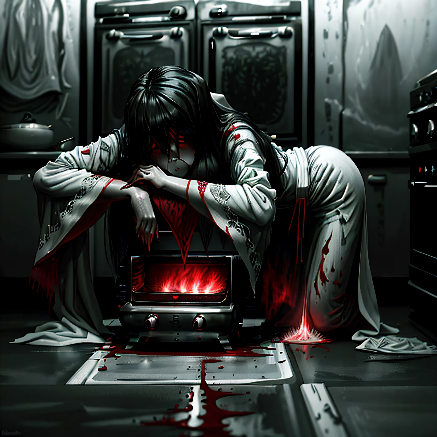 1girl, Sadako in white kimono, straight black long hair, (Sadako style oven:1.5), (drawn in black and white except for red: 1.3), kitchen decorated with saws and machetes and hammers, nice kitchen with red paint splattered on the walls, a dimly lit kitchen that feels like a ghost might appear, a nifty kitchen with red painted shirts on the floor, Japanese old kitchen, volumetric fog:1.3