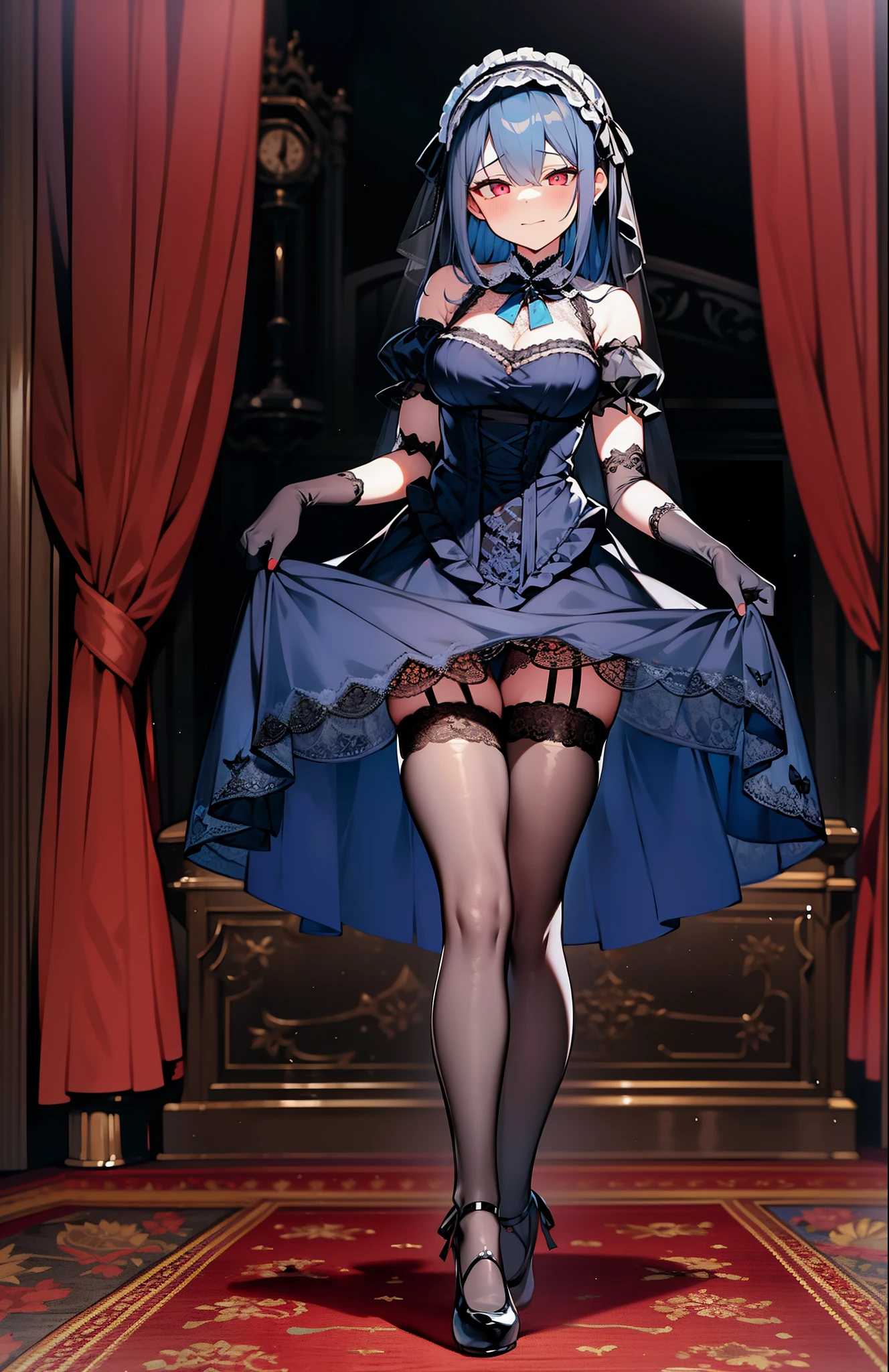girl,beautiful face, medium hair, best quality, ta hairband, living room, {{{gothic loli}, facing viewer, expressionless, mind control, affectionate, mature female, messy hair, {{{dark blue hair}}}, ((blue hair)),medium breasts, red eyes, {{{black clothes}}}, lace-trimmed gloves, lace-trimmed dress, gothic, the pose, v arms, clenched hands, detailed eyes, full body, evil smile, elbow gloves, {{leg ribbon}}, frills, masterpiece,short sleeves, dark room, lace-trimmed sleeves, giggling, standing, see-through skirt, pantyhose, lolita fon, juliet sleeves, evening, night, victorian, pigeon-toed,