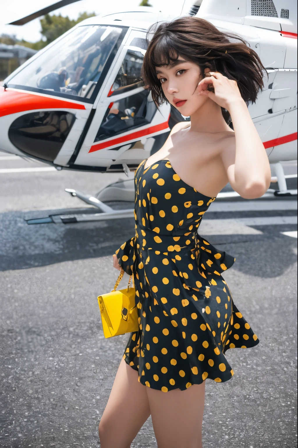 (Best quality, 8k, 32k, Masterpiece, UHD:1.2) "Produce a captivating art piece featuring a girl with a stylish bob haircut, illuminated by dramatic and cinematic lighting that accentuates the contours of her face and hair. Create an atmosphere that exudes intrigue and depth, with shadows and highlights playing a central role in defining the scene. The lighting should emphasize the girl's features and add an extra layer of drama to the composition, making it visually striking and evoking a sense of mystery and allure." helicopter