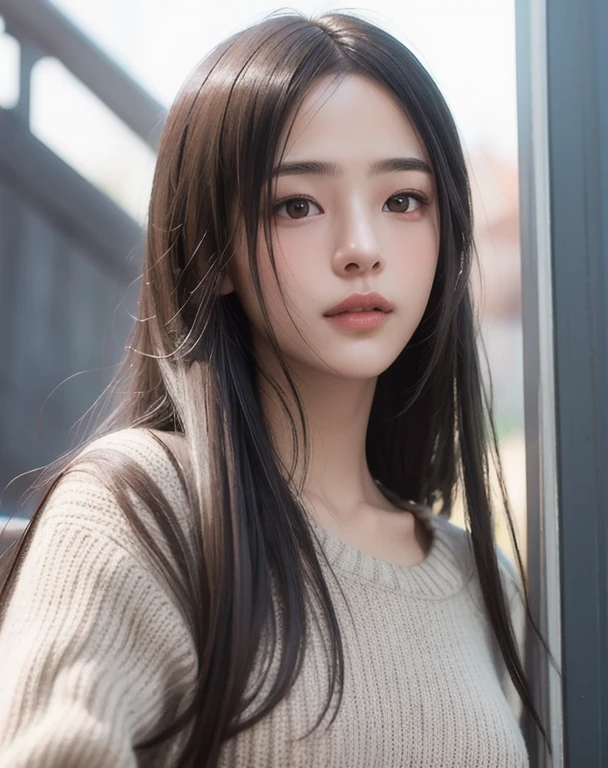 Photorealistic, masutepiece, Best Quality, Raw photo, 1girl in, Solo, Long hair, Brown hair, Detailed face, alluring face, Sweater that kills virgins, medium breasts, Dynamic Pose, Looking at Viewer, From below, Detailed background, fine detailed, intricate detailes, Ray tracing, depth of fields, lowkey, nffsw