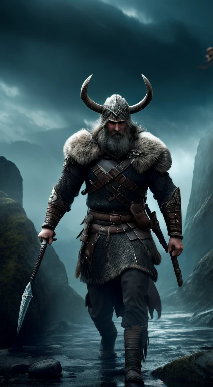 (best quality,4k,8k,highres,masterpiece:1.2),ultra-detailed,(realistic,photorealistic,photo-realistic:1.37), A vikingo with a shield, a sword, and a two-horned helmet, entering a dark cave, metal materials, detailed leather armor, epic battle scene, ancient ruins, flickering torches, dramatic lighting, ominous atmosphere, Nordic mythology, rugged terrain, cold mist, intense expression, muscular build, fierce warrior, ancient artifacts, epic tale, mystical creatures, epic adventure, thunderous footsteps, glowing eyes, the sound of dripping water, mysterious shadows, Viking longship, legendary quest, atmospheric haze, towering mountain peaks, hidden treasure, echoes of ancient legends, suspenseful silence, battle scars, determined stance, shield raised high, ominous rumblings, mythical beasts, mystical runes, ancient inscription, triumphant victory, battle-hardened warrior.