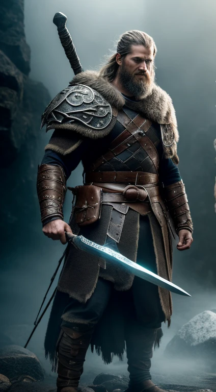 (best quality,4k,8k,highres,masterpiece:1.2),ultra-detailed,(realistic,photorealistic,photo-realistic:1.37), A vikingo with a shield, a sword, and a two-horned helmet, entering a dark cave, metal materials, detailed leather armor, epic battle scene, ancient ruins, flickering torches, dramatic lighting, ominous atmosphere, Nordic mythology, rugged terrain, cold mist, intense expression, muscular build, fierce warrior, ancient artifacts, epic tale, mystical creatures, epic adventure, thunderous footsteps, glowing eyes, the sound of dripping water, mysterious shadows, Viking longship, legendary quest, atmospheric haze, towering mountain peaks, hidden treasure, echoes of ancient legends, suspenseful silence, battle scars, determined stance, shield raised high, ominous rumblings, mythical beasts, mystical runes, ancient inscription, triumphant victory, battle-hardened warrior.
