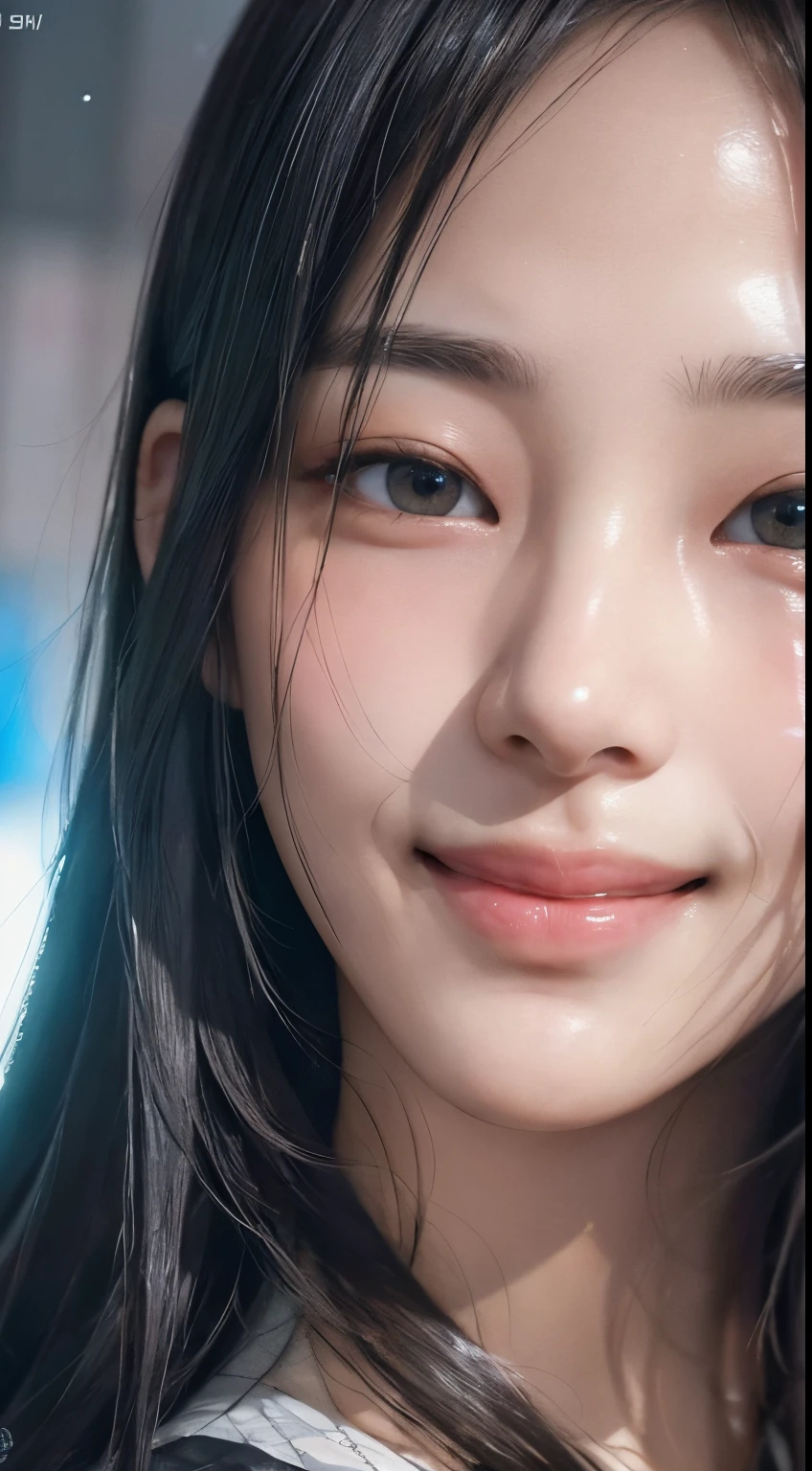 Masterpiece, 1 Beautiful Girl, Detailed, Swollen Eyes, Best Quality, Ultra High Resolution, (Reality: 1.4), Original Photo, 1Girl, Cinematic Lighting, Smiling, Japanese, Asian Beauty, Korean, Neat, Very Beautiful, Slightly Young Face, Beautiful Skin, Slender, Cyberpunk Background, (ultra realistic), (illustration), (high resolution), (8K), (very detailed), (best illustration), (beautifully detailed eyes), (super detailed), (wallpaper), (detailed face), viewer looking, fine details, detailed face, deep shadow, low key, pureerosfaceace_v1, smile, 46 point slanted bangs, facing straight ahead, neat clothes, black colored eyes,