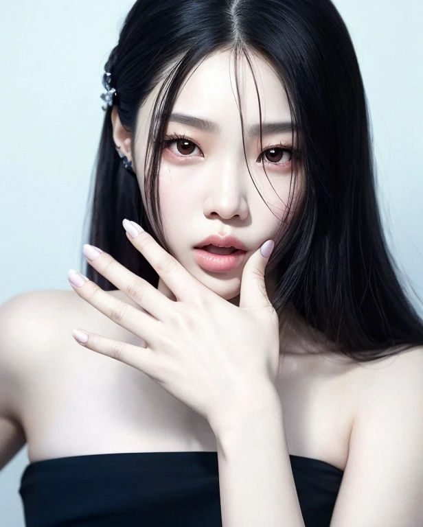 um close up de uma mulher com longos cabelos pretos e um vestido preto, jennie blackpink, Parque Ji-min, Seseon Yoon, Jaeyeon Nam, Lee Ji - Eun, Lee Ji-eun, Kimi Takemura, Heonhwa Choe, Directed by: Tadashi Nakayama, jossi do blackpink, Sha Xi, Retrato de Jossi de Blackpink