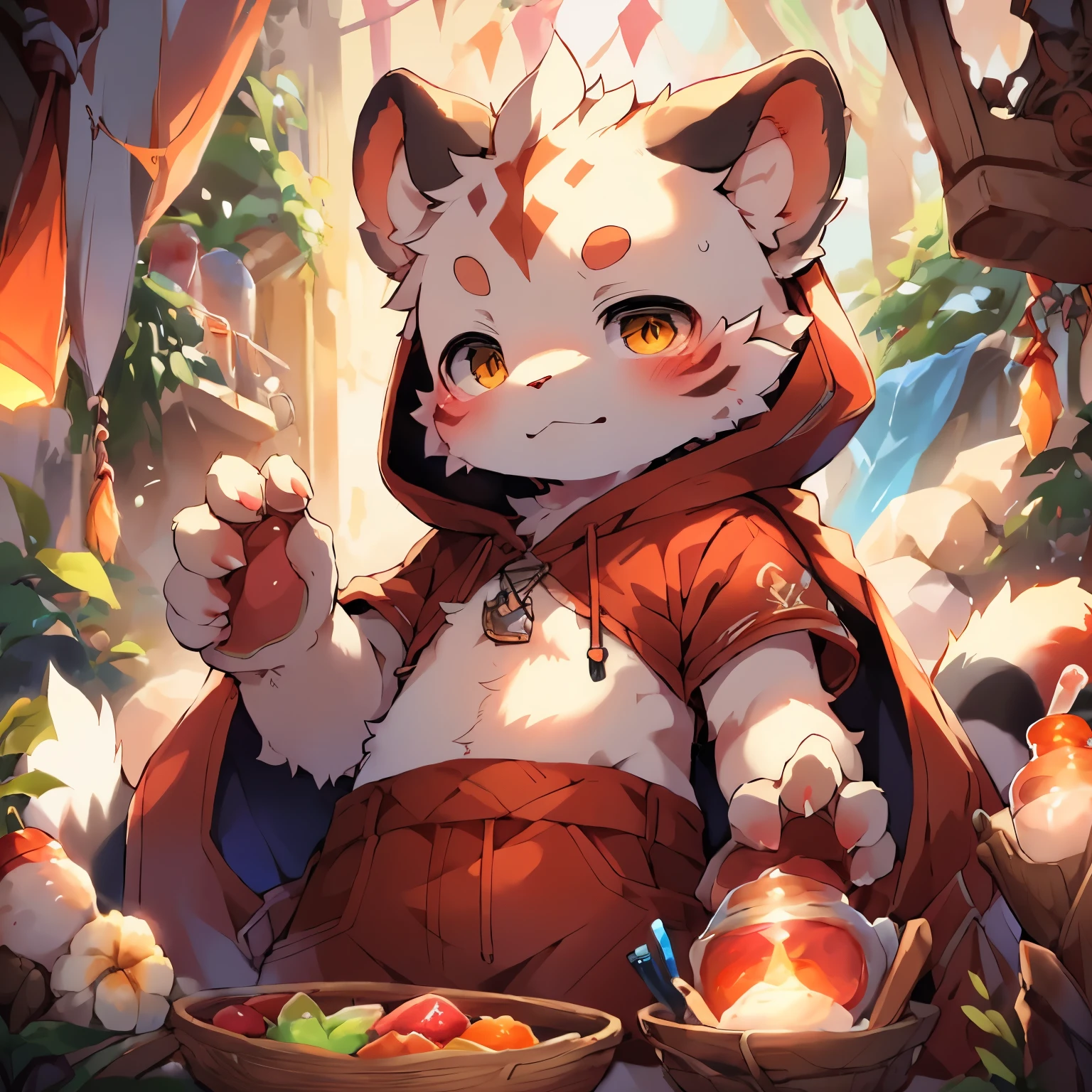 Cute and detailed digital art, Very very beautiful furry art, Detailed fanart, high-quality wallpaper, furry fantasy art, Popular topics on artstation pixiv, New Jersey 5 Hairy, drak, sitted, hoody, naturey, male people, cheerful, White fur, White body,by Pino Deheni, Kanikai, Milk Tiger 1145, Dagasi, ys, only