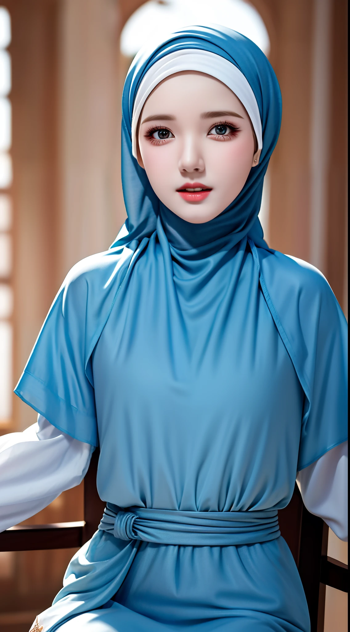 1girl, solo, beautiful face, high detailed realistic eyes, double eyelids, high detailed realistic pupils, upon body from head to waist, (wearing hijab:1.37), (moslem headscarf:1.37), reading glasses, sitting alone on a long chair, amazing mosque park background, taj mahal, best quality, masterpiece, highres, moslem female dress, Beautiful face, (upon body from head to waist:1.35), tyndall effect, photorealistic, dark studio, two tone lighting, 8k uhd, dslr, soft lighting, high quality, volumetric lighting, candid, Photograph, high resolution, 4k, 8k, Bokeh, (hyperrealistic girl), (illustration), (high resolution), (extremely detailed), (best illustration), (beautiful detailed eyes), (best quality), (ultra-detailed), (masterpiece), (wallpaper), (photorealistic), (natural light), (rim lighting), (detailed face), (high detailed realistic skin face texture), (anatomically correct), (heterochromic eyes), (detailed eyes), (sparkling eyes), (dynamic pose), (hair completely covered by the hijab:1.35)