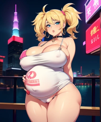 1girl,  (((bimbo))),hoop earrings, puffy lips, painted lips, thick lips. 
blonde hair, short twintails, wide hips, thick thighs, bursting breasts Nightlife, Night city, Cyberpunk city, futuristic cityscape. Neon lights, (skyscraper:1.1), Tokyo tower, palm tree, cloth sign, ramen stall, night club. bright city lights, exotic car. alcohol, bar, ramen, soup stall ,alcohol bottles, nipple outlines, panty peek, cameltoe under dress, panty pull, pregnancy mark, womb tattoo underbelly, underbelly peek, thigh gap, nipple bar piercing