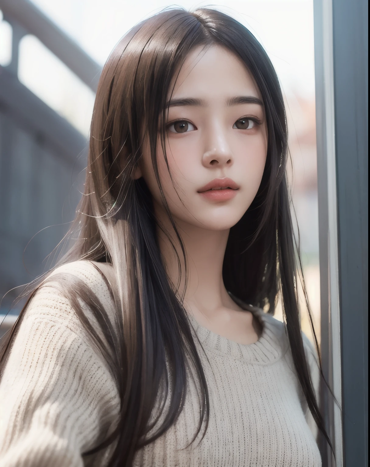 Photorealistic, masutepiece, Best Quality, Raw photo, 1girl in, Solo, Long hair, Brown hair, Detailed face, alluring face, Sweater that kills virgins, medium breasts, Dynamic Pose, Looking at Viewer, From below, Detailed background, fine detailed, intricate detailes, Ray tracing, depth of fields, lowkey, nffsw