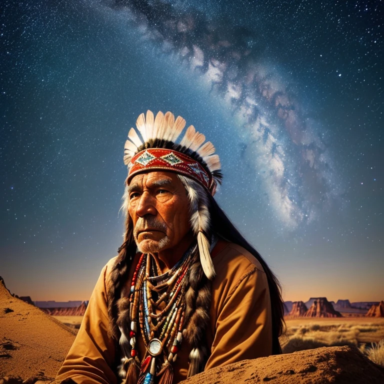 OLD INDIGENOUS NATIVE AMERICAN MAN DRESSED IN HEADRESS, SITTING ON PLANET EARTH, LOOKING AT THE STARS GALAXY (((vibrant, realistic photo, realistic, dramatic, sharp focus, 8k)))