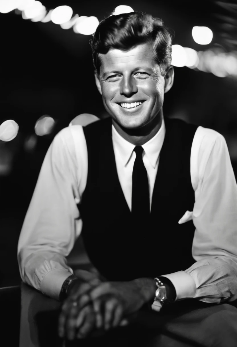 A photo of Kennedy enjoying a night out at a glamorous rooftop bar,original,John F. Kennedy, the 35th President of the United States, was renowned for his handsome, charismatic appearance, with his wavy hair, engaging smile, and a sense of style that exuded confidence and charm. His tailored suits and poised demeanor contributed to a public image of youthful vigor and sophistication.