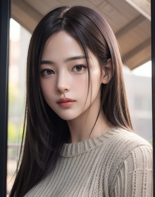 (masterpiece: 1.3), (8K, Realistic, RAW Photos, Highest quality: 1.4), (One girl), Beautiful Face, (Realistic Face), (Long Hair: 1.3), Beautiful hairstyle, Realistic eyes, Beautiful brown eyes, Beautiful details in the eyes, (Realistic Skin), Beautiful Skin, (sweater), Absurd, Charm, 超High resolution, Ultra-realistic, High resolution, Golden Ratio、Big Breasts