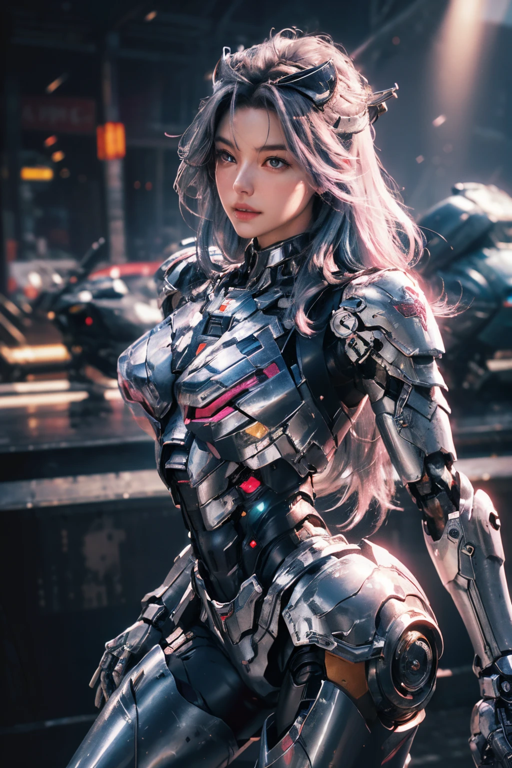 masterpiece, best quality, 1 girl riding a motorcycle, solo, perfect face, looking at the audience, skin tight transparent vinyl, long blue hair, gray eyes, pale skin, mountain glory gundam, mecha, pink armor with white parts, armor, helmet, line art, dim light, understated, sharp focus, octane, backlight, mechanical, backlight, shiny clothes, mechanical legs, thrusters, flying, hair accessory, high heels, shiny, artist name, standing, thighs, pink eyes, teeth, looking down, armored boots, cyborg, (big mechanical background:1.2), bare shoulders, lips, machine, bottom-up view, cosplay, raw photos, refined, best quality, (intricate details:1.3), hyper detail, fine detail, colorful, 8k UHD, film grain, (studio lighting: 1.2), (Fujifilm XT3), (realistic:1.3), (detailed skin: 1.2) super high resolution, lake outside the park, best quality, photos, 4K, (Realistic: 1.4)