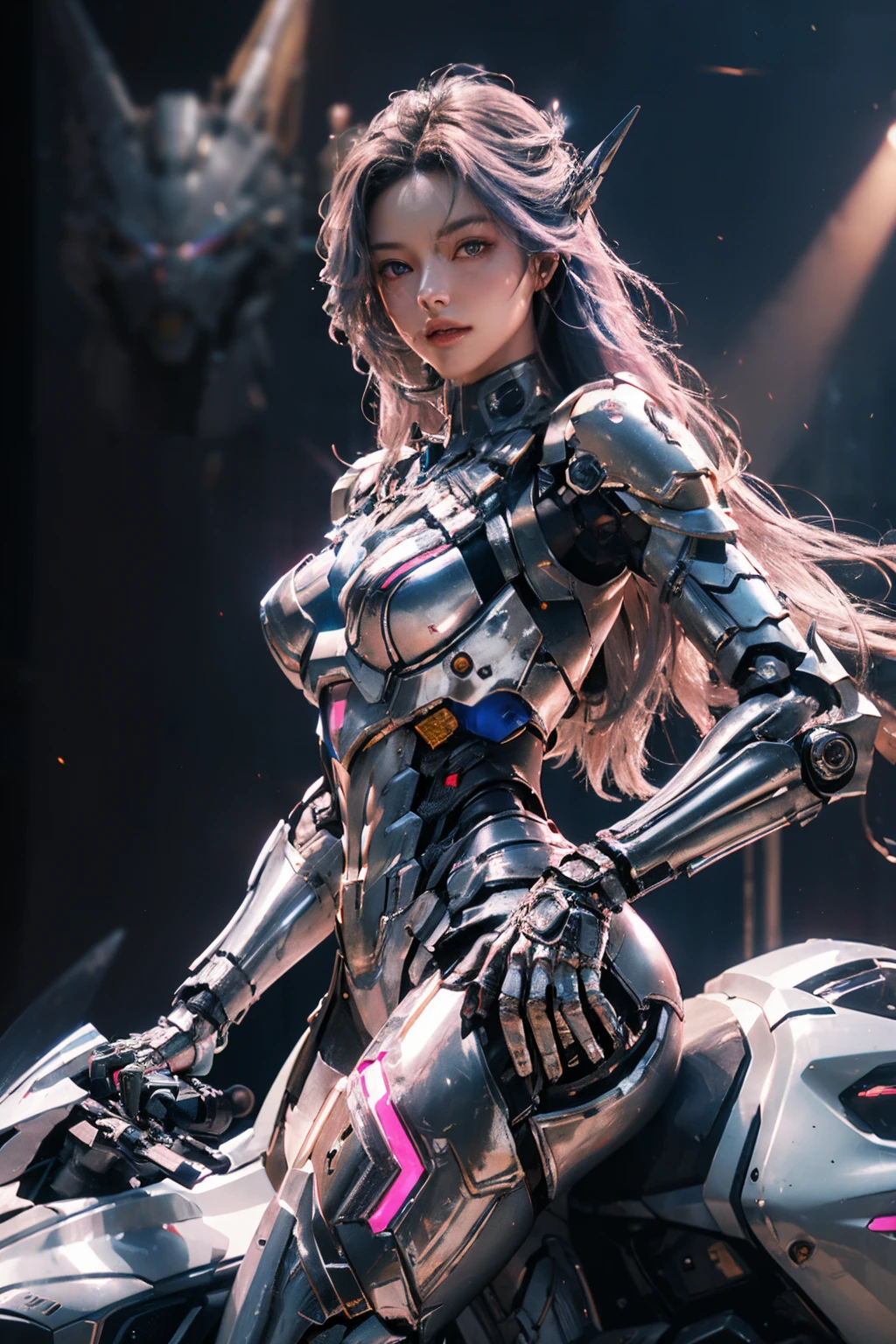 masterpiece, best quality, 1 girl riding a motorcycle, solo, perfect face, looking at the audience, skin tight transparent vinyl, long blue hair, gray eyes, pale skin, mountain glory gundam, mecha, pink armor with white parts, armor, helmet, line art, dim light, understated, sharp focus, octane, backlight, mechanical, backlight, shiny clothes, mechanical legs, thrusters, flying, hair accessory, high heels, shiny, artist name, standing, thighs, pink eyes, teeth, looking down, armored boots, cyborg, (big mechanical background:1.2), bare shoulders, lips, machine, bottom-up view, cosplay, raw photos, refined, best quality, (intricate details:1.3), hyper detail, fine detail, colorful, 8k UHD, film grain, (studio lighting: 1.2), (Fujifilm XT3), (realistic:1.3), (detailed skin: 1.2) super high resolution, lake outside the park, best quality, photos, 4K, (Realistic: 1.4)