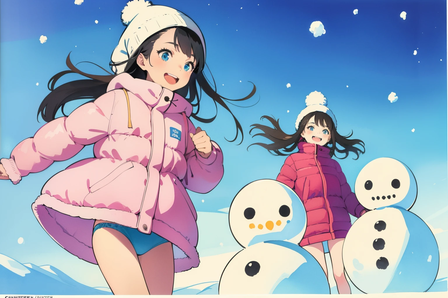 (masterpiece:1.2, best quality), 2girls, ite, youlim, colorful down jacket, (children's print panties), long hair, rolling a big snow ball, making a snowman, smile, laugh, fun, play, winter, snow, white, bright, watercolor