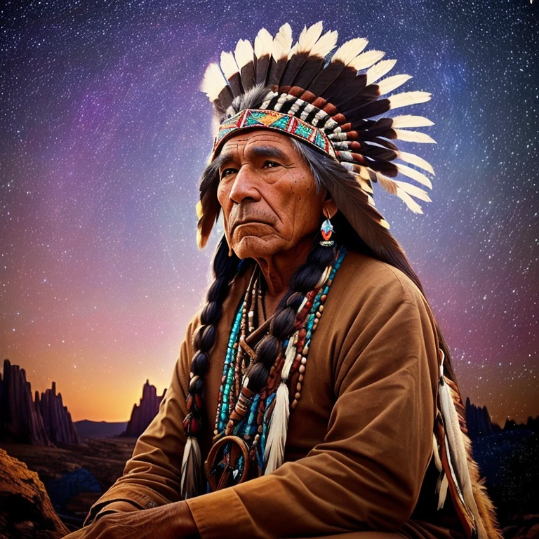 OLD INDIGENOUS NATIVE AMERICAN MAN DRESSED IN HEADRESS, SITTING ON PLANET EARTH, LOOKING AT THE STARS with a GALAXY (((vibrant, realistic photo, realistic, dramatic, dream like, sharp focus, 8k)))