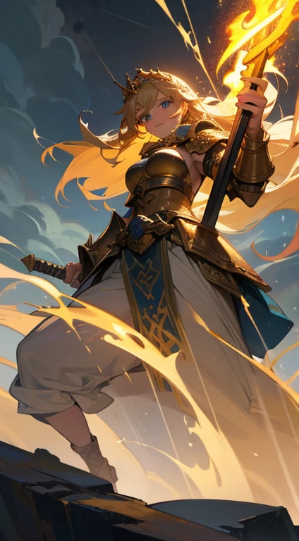 A viking goddess with intricate golden armor and a majestic crown, surrounded by swirling storm clouds. (best quality, highres), radiant golden details, fierce expression and piercing blue eyes, flowing blonde hair, standing on a rocky cliff against the crashing waves, lightning strikes illuminating the stormy sky, ancient runes engraved on her sword, epic battle scene in the background, with fiery dragons and soaring Valkyries, capturing the strength and beauty of Norse mythology.