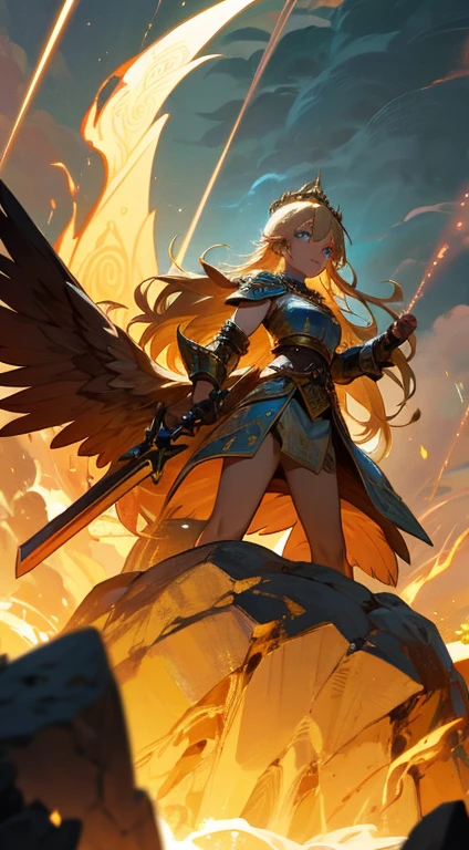 A viking goddess with intricate golden armor and a majestic crown, surrounded by swirling storm clouds. (best quality, highres), radiant golden details, fierce expression and piercing blue eyes, flowing blonde hair, standing on a rocky cliff against the crashing waves, lightning strikes illuminating the stormy sky, ancient runes engraved on her sword, epic battle scene in the background, with fiery dragons and soaring Valkyries, capturing the strength and beauty of Norse mythology.