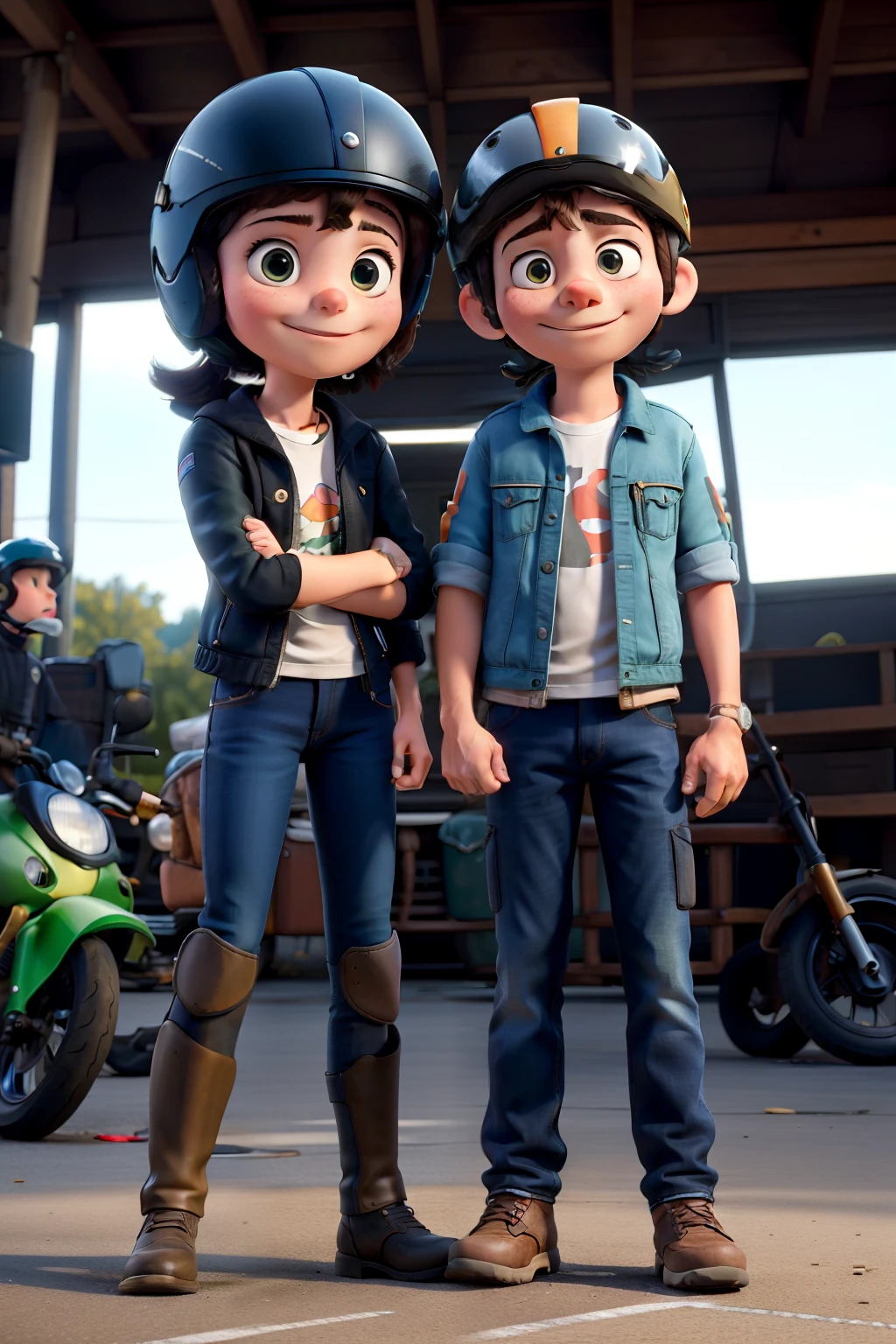 A couple with motorcycle helmets the boy holding the crash in a position of "caballito"