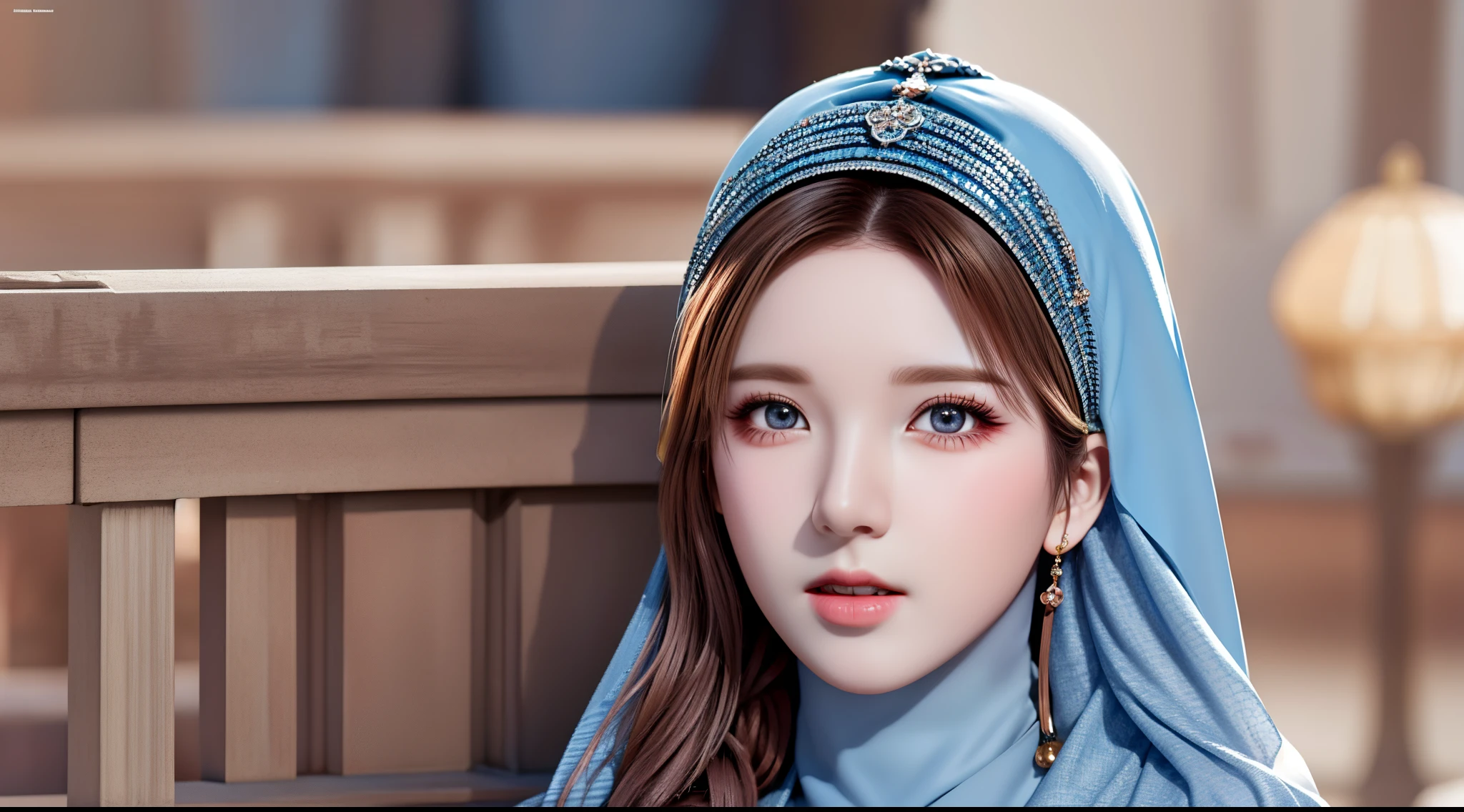 1girl, solo, beautiful face, high detailed realistic eyes, double eyelids, high detailed realistic pupils, upon body from head to waist, (wearing hijab:1.37), (moslem headscarf:1.37), reading glasses, sitting alone on a long chair, amazing mosque park background, taj mahal, best quality, masterpiece, highres, moslem female dress, Beautiful face, (upon body from head to waist:1.35), tyndall effect, photorealistic, dark studio, two tone lighting, 8k uhd, dslr, soft lighting, high quality, volumetric lighting, candid, Photograph, high resolution, 4k, 8k, Bokeh, (hyperrealistic girl), (illustration), (high resolution), (extremely detailed), (best illustration), (beautiful detailed eyes), (best quality), (ultra-detailed), (masterpiece), (wallpaper), (photorealistic), (natural light), (rim lighting), (detailed face), (high detailed realistic skin face texture), (anatomically correct), (heterochromic eyes), (detailed eyes), (sparkling eyes), (dynamic pose), (hair completely covered by the hijab:1.35)