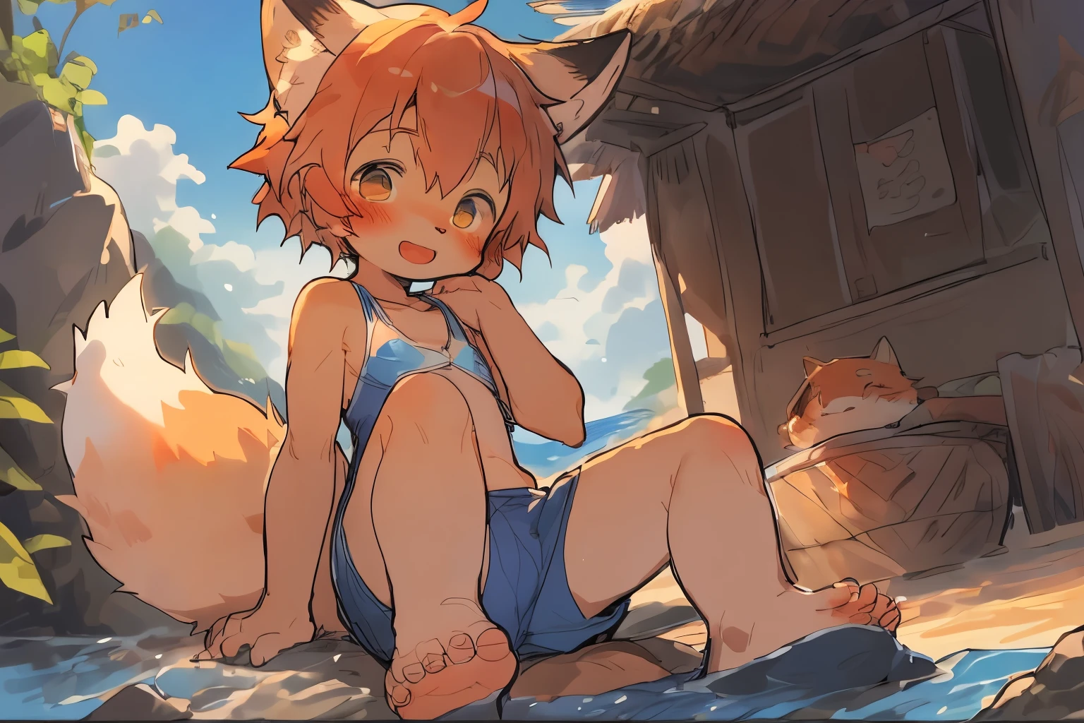 Anime style illustration of fox at the beach, Cute and detailed digital art, Very very beautiful furry art, Detailed fanart, high-quality wallpaper, He was wearing a bathing suit, furry fantasy art, Popular topics on artstation pixiv, High-quality fanart, Human fox, cute fox(, boy,male people,Sit Pose),author:Pino Deheni, Crab clams, milkytiger1145, Dagasi, Sam,