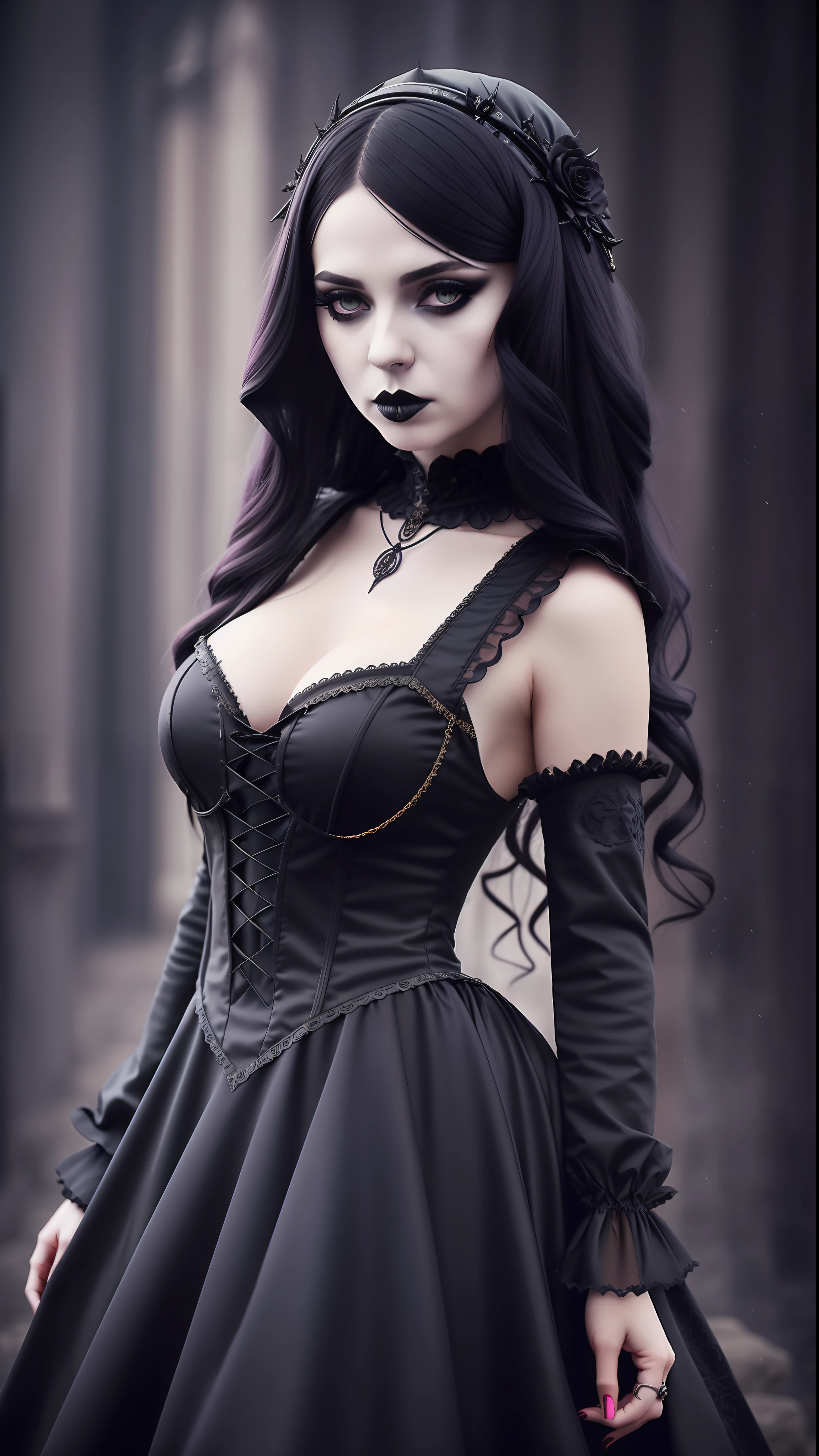 gothic girl, white eyes, black lips, long black hair, Black dress with lace, sin collar, corset with small skull buttons, Wicca sexy. Gothic style, Beautiful necromancer. frontal, Beautiful necromancer. Background a dark gloomy cemetery, the background without skulls.
