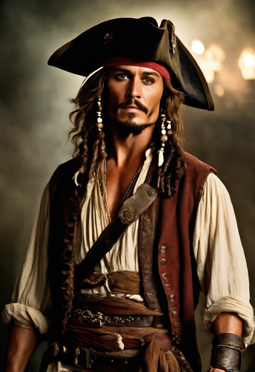 A photo of Jack Sparrow engaged in a lively debate with a group of enigmatic locals at a vibrant market in Singapore, his animated gestures adding flair to the conversation.,Pirates of the Caribbean: The Curse of the Black Pearl,
Jack Sparrow possesses a distinctive and memorable appearance, characterized by a blend of ruggedness, eccentricity, and a touch of flamboyance.
1. Facial Features: Jack's countenance is weathered and tanned, reflecting a life spent sailing under the sun. He has a well-defined jawline, typically adorned with a scruffy, unkempt beard that frames his face. His cheekbones are high, lending an air of sharpness to his features.
2. Hair: Jack's hair is long, dark, and unruly, falling in loose, wavy locks that cascade past his shoulders. His hair is often adorned with beads, trinkets, and small braids, giving it an eclectic and pirate-like flair.
3. Eyes: Jack's most striking feature is his intense, dark eyes, which hold a mischievous glint and a hint of mystery. They are framed by slightly arched eyebrows, adding to his enigmatic allure.
4. Accessories: Jack Sparrow is known for his eclectic array of accessories. He adorns his head with a worn, tricorn pirate hat, typically adorned with feathers or other embellishments. On his face, he sports a variety of smudged and smoky eye makeup, giving him a rakish and slightly disheveled appearance. His ears are often adorned with gold hoop earrings and other ornaments, adding to his pirate aesthetic.
5. Clothing Style: Jack's clothing style is a unique blend of tattered elegance and pirate flair. He wears layers of mismatched, worn garments that reflect his bohemian nature. His ensemble often includes a loosely fitted, open-front vest or jacket, adorned with intricate embroidery, fringes, and beaded details. Underneath, he dons a stained and rumpled, off-white linen shirt with billowy sleeves. Around his waist, he sports a wide leather belt with a large, ornate buckle. His trousers are loose and baggy, typically made of worn and faded fabrics. Completing his attire, he wears tall leather boots, scuffed and worn from countless adventures at sea.
6. Jewelry and Trinkets: Jack Sparrow is known for his love of accessories. He adorns himself with an assortment of necklaces, rings, and bracelets, often featuring charms, beads, coins, and other artifacts collected from his journeys. These trinkets jingle and clink as he moves, adding to his charismatic presence.
7. Swagger and Posture: Jack carries himself with a unique swagger, a graceful yet somewhat unsteady gait that reflects his carefree and unpredictable nature. His posture is relaxed, yet he exudes an air of confidence and self-assurance.
8. Complexion: Jack Sparrow's complexion is weathered and sun-kissed, bearing the marks of a life spent at sea. His skin has a slightly rough texture, indicative of exposure to the elements. Faint lines and wrinkles around his eyes and forehead hint at the experiences and hardships he has endured.
9. Teeth: Jack's teeth are a notable feature, often shown as discolored and uneven, reflecting a lack of proper dental care. Some of his teeth are missing, adding to his rugged and slightly unkempt appearance. However, despite their imperfections, his teeth are surprisingly functional, allowing him to flash a charismatic and mischievous grin.
10. Scars and Tattoos: Jack Sparrow's body is adorned with various scars and tattoos, each with its own story to tell. Scattered across his torso, arms, and back, these marks serve as reminders of past battles, encounters, and personal journeys. His tattoos, often faded and partially obscured, add an air of mystery and intrigue to his overall appearance.
11. Hands and Fingers: Jack's hands are weathered and calloused, a testament to a life of adventure and manual labor. His fingers are nimble and dexterous, capable of handling intricate tasks such as manipulating his beloved compass or wielding a sword with finesse.
12. Slight Dishevelment: Jack Sparrow's overall appearance carries an intentional sense of dishevelment. His clothing is intentionally rumpled and worn, with loose threads and frayed edges adding to his bohemian charm. His hair, although long and flowing, is intentionally unkempt, giving him a carefree and rebellious air.
13. Scent: A subtle scent of saltwater, mixed with a hint of rum and the faint aroma of exotic spices, lingers around Jack Sparrow. The combination of sea breeze, his own unique musk, and the scents of the places he has visited create an intriguing olfactory aura that accompanies his presence.
14. Body Language: Jack's body language is a key part of his overall appearance. He carries himself with a slightly slouched posture, giving off an air of nonchalance and relaxation. His movements are agile and fluid, reflecting both his experience as a sailor and his natural grace. He has a tendency to gesture with his hands while speaking, emphasizing his words and adding flair to his storytelling.
Jack's hair is long, dark, and possesses a wild, untamed quality that perfectly complements his roguish persona. It falls in loose, wavy locks that cascade past his shoulders, framing his face and adding to his air of rebellion and adventure.
The texture of Jack's hair is naturally thick and slightly coarse, giving it a rugged and tousled appearance. It appears to have a natural wave to it, creating a sense of movement even when he is still. His hair has a slightly unkempt quality, as though he rarely bothers with formal grooming routines.
While primarily dark in color, Jack's hair may also exhibit hints of deep brown or even strands of silver, indications of his age and the many experiences he has encountered throughout his life.
To further accentuate his pirate-like aesthetic, Jack adorns his hair with various accessories. Beads, trinkets, and small braids are often woven into his locks, adding a touch of eccentricity and individuality. These adornments dangle and sway with his movements, creating an audible jingle that further adds to his bohemian charm.
Despite its disheveled appearance, Jack's hair possesses a certain allure. It adds an air of nonconformity and a sense of carefree rebellion to his overall persona. His long, flowing locks become a visual representation of his untamed spirit and his refusal to adhere to societal norms.
Jack's ensemble consists of layers of mismatched and worn garments, reflecting his unconventional and free-spirited nature. His clothing exudes an air of adventure and captures the essence of a swashbuckling pirate captain.
Starting from the top, Jack often wears a weathered tricorn pirate hat. The hat is typically made of worn leather or fabric, with a wide brim that is slightly bent and adorned with feathers or other embellishments. It has a well-loved, lived-in appearance, reflecting Jack's countless escapades.
On his face, Jack sports smudged and smoky eye makeup, giving him a rakish and slightly disheveled look. The makeup adds to his mysterious aura and enhances his mischievous gaze.
Jack's upper body is typically adorned with a loosely fitted, open-front vest or jacket. The garment is often made of worn and faded fabrics, such as leather, canvas, or velvet. It may feature intricate embroidery, fringes, or beaded details, showcasing his bohemian sense of style. The jacket has a well-worn appearance, with patches and repairs that bear testament to his adventurous lifestyle.
Underneath the vest or jacket, Jack wears a stained and rumpled, off-white linen shirt. The shirt has billowy sleeves that gather at the wrists, adding a touch of romanticism to his attire. The fabric is lightweight and breathable, suitable for the warm climates often encountered during his seafaring journeys.
Around his waist, Jack sports a wide leather belt with a large, ornate buckle. The belt serves both as a practical accessory and a fashion statement. It helps secure his trousers and provides a place to hang his various tools and weapons, such as his trusty compass or a small dagger.
Jack's trousers are loose-fitting and slightly baggy, allowing for ease of movement. They are typically made of worn and faded fabrics, such as linen or canvas, and may feature patches or repairs. The trousers often taper at the ankles and are tucked into his tall leather boots.
Completing his ensemble, Jack wears tall leather boots that have seen their fair share of adventures. The boots are scuffed and worn, reflecting the wear and tear of life at sea. They provide both protection and stability, enabling Jack to navigate various terrains with ease.
Overall, Jack Sparrow's clothing style combines elements of ruggedness, eccentricity, and a hint of romanticism. His attire reflects his bohemian spirit, his seafaring lifestyle, and his refusal to conform to societal norms. The combination of mismatched layers, worn fabrics, and unique accessories creates a visually striking and iconic look for the legendary pirate captain.