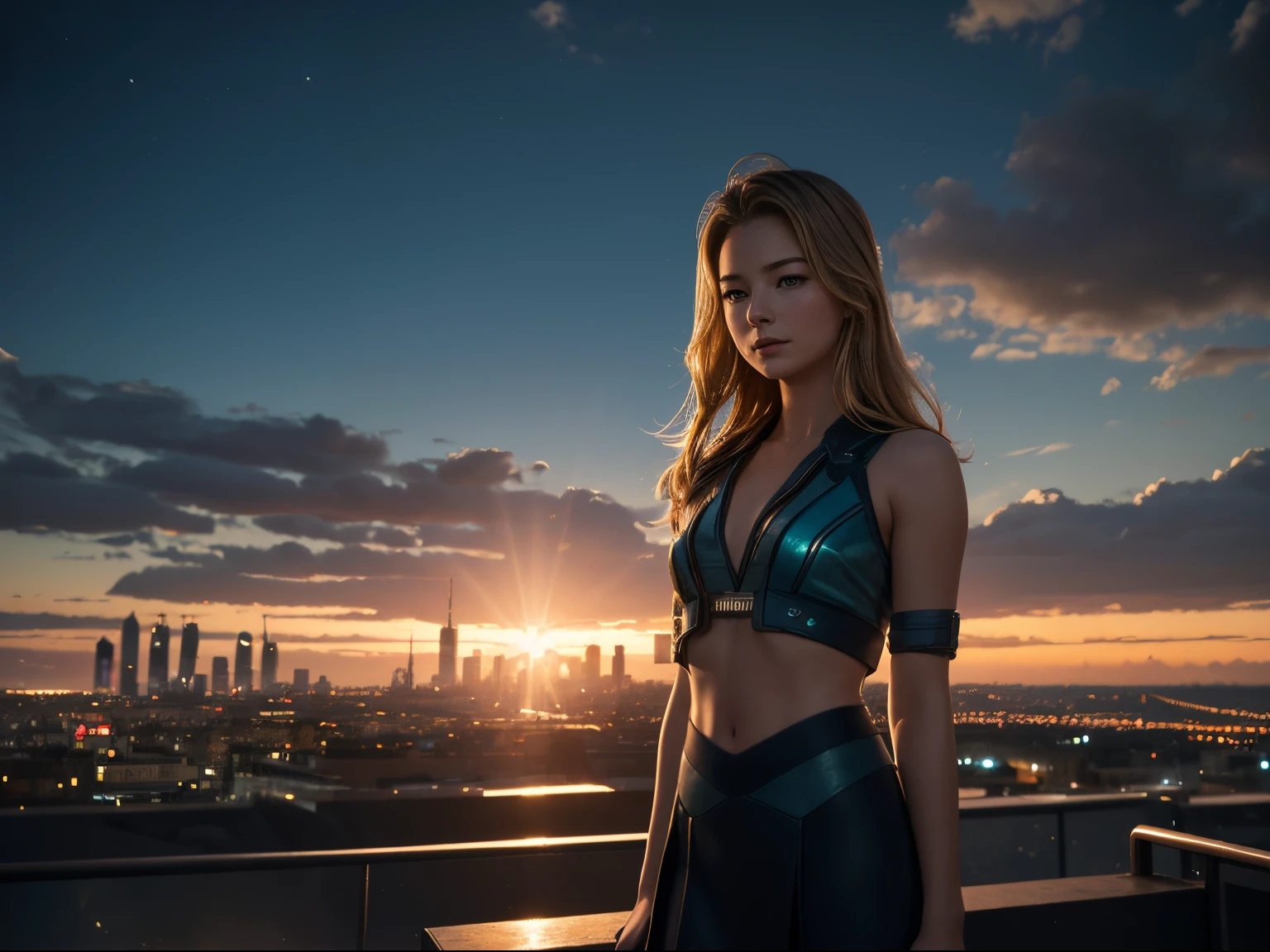 top quality 32k resolution raw Photo of 18-year-old Emily VanCamp wearing singer style cloth. navel look. she is on the stage.overlooking a (scifi solarpunk)1.2 city skyline, night, (backlit)1.2, (film grain)1.2, coastal atolls