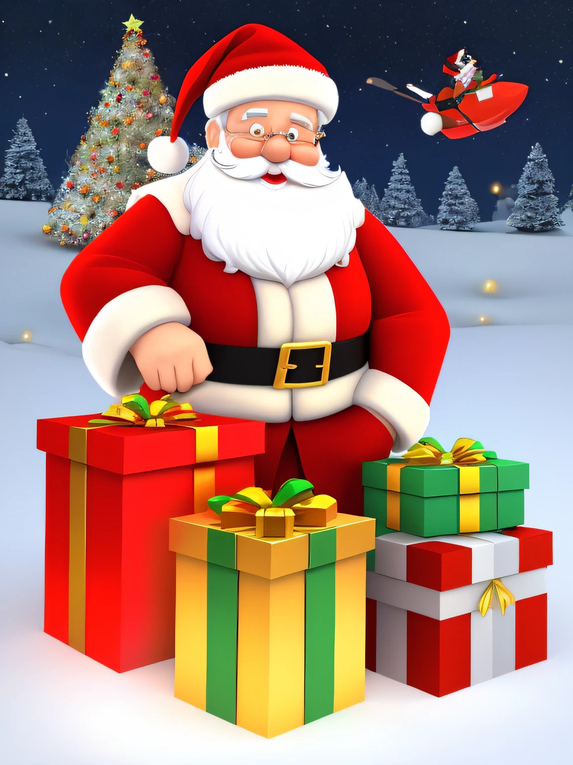 Create a 3D cartoon style image with a white background featuring Santa Claus with lots of gifts,