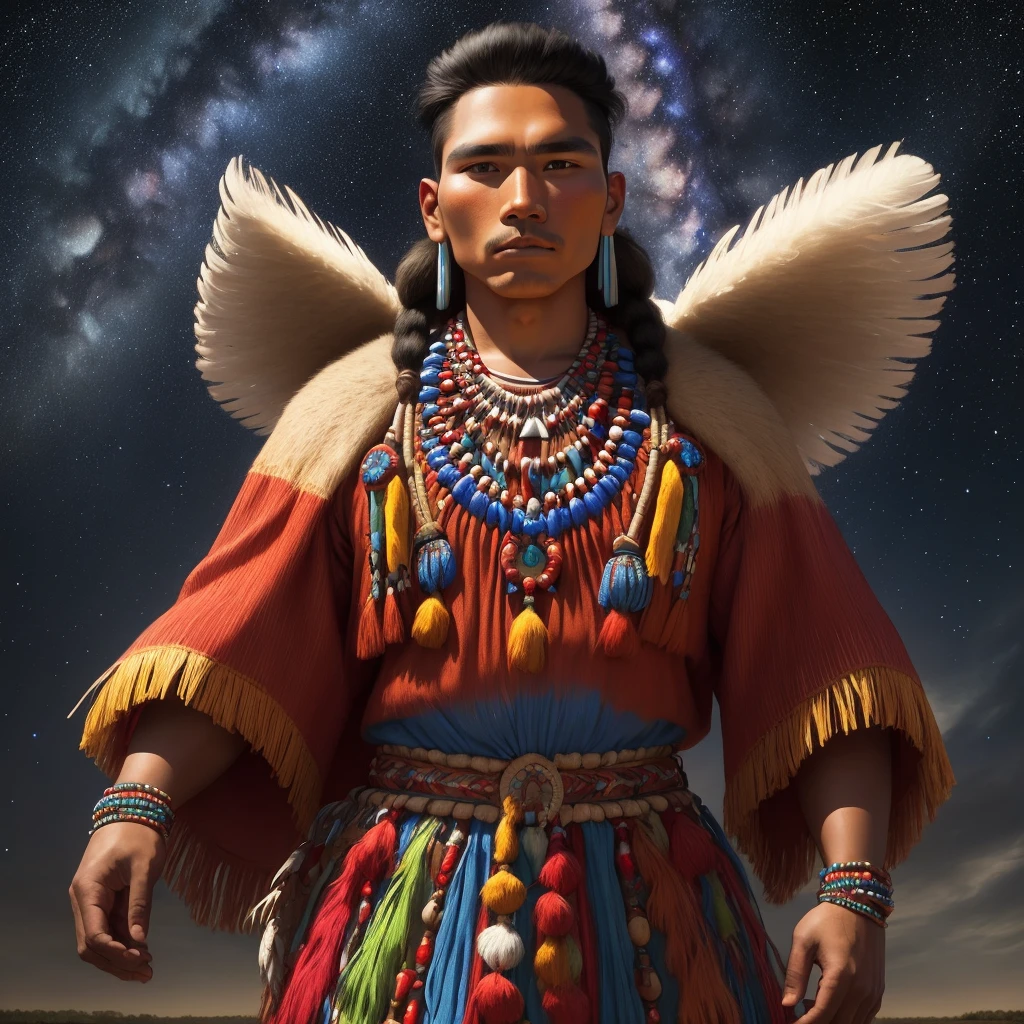 Chickasaw culture, vibrant Mississippi, 1800s, strong indigenous male warrior, mounds, land mounds, dreamlike, galaxy sky, starry sky, indigenous man, indigenous warrior, wearing beaded necklace