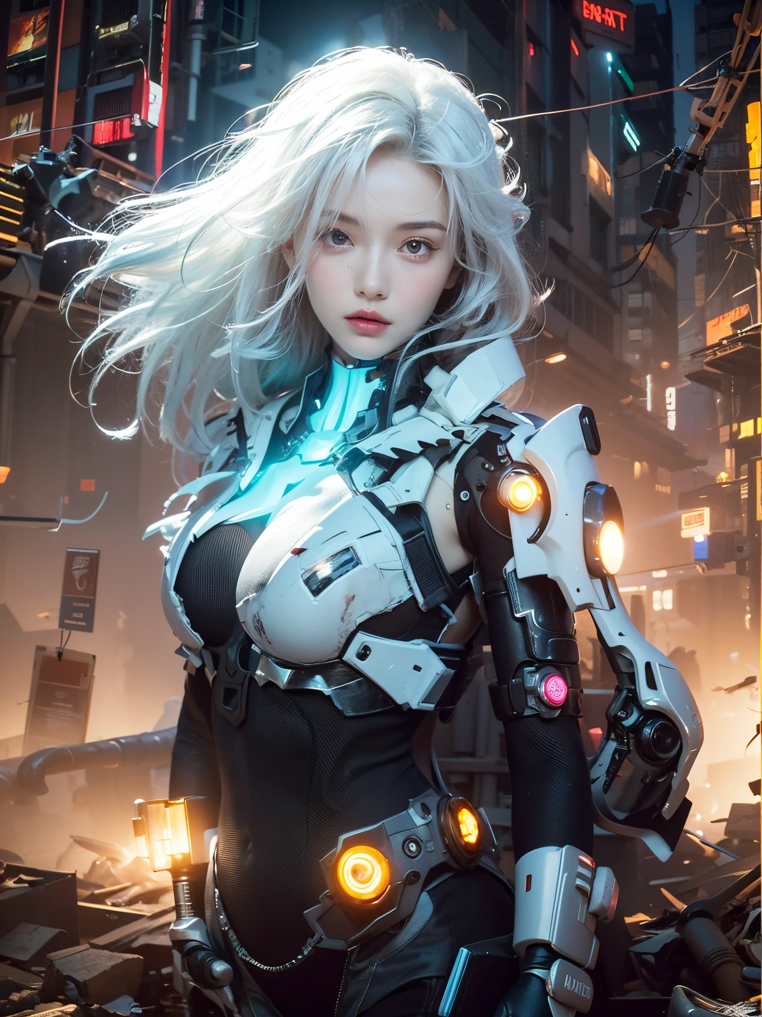 Calidad superior, Obra maestra, ultrahigh resolution, ((fotorrealista: 1.4), Foto rAW, 1 cyberpunk android Chica, piel brillante, (Detalles ultra realistas)), mechanical limbs, Tubes connected to mechanical parts, Mechanical vertebrae attached to the spine, mechanical cervical attachment to the neck, alambres y cables que se conectan a la cabeza, Evangelion, ((Ghost in the shell)), small bright LED lamps, global ilumination, Sombras profundas, renderizado de octanaje, 8k, ultra sharp, Metal, Intrincados detalles ornamentales, Detalles barrocos, Detalles muy intrincados, Luz realista, CGSoation tendencia, in front of camera, neon details, (Android factory in the background), arte por H.r. Giger y Alphonse Mucha.white hair