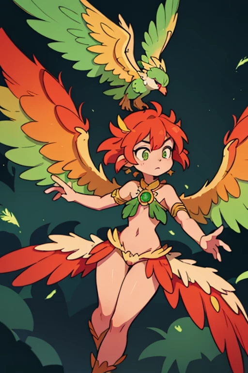 holy being, hybrid of griffin and phoenix, huge wings of a griffin, covered with feathers, similar to the fiery flames of a phoenix. Skin covered with golden fur, which turns into bright pastel shades of green and doves of the back and abdomen, thick feathers on the back of the head, Gryphofos&#39;s emerald green eyes glow, small amulet.