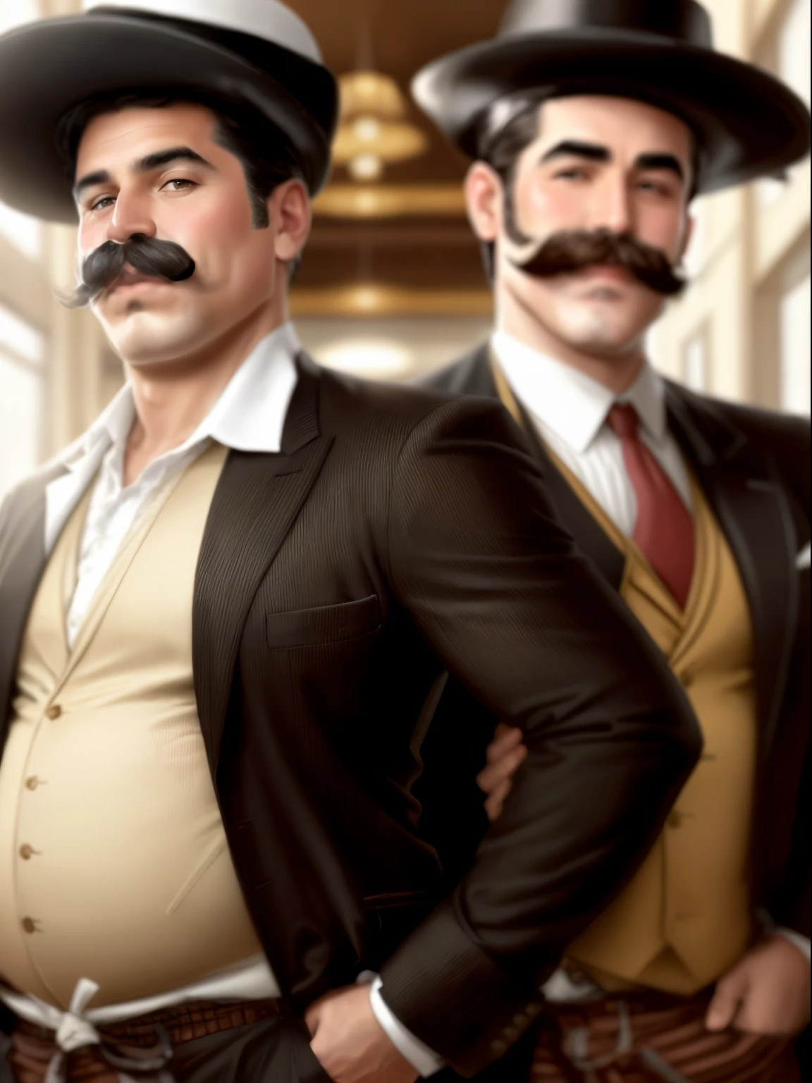 two fat men of Caucasian nationality in suits and eight-piece caps with mustaches on their faces, Mexican mustache, wear an elegant mustache, big mustache, whiskers