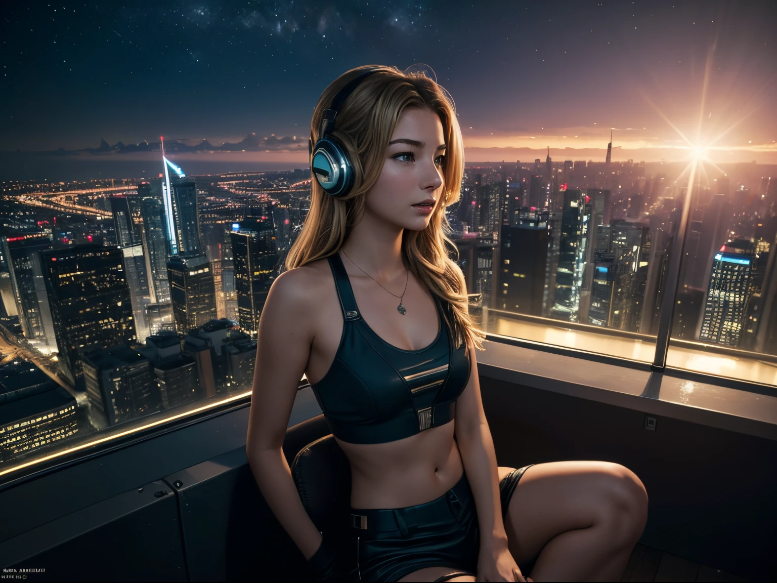 top quality 32k resolution raw Photo of 18-year-old Emily VanCamp wearing singer style cloth and headphones. navel look. she is on the stage.overlooking a (scifi solarpunk)1.2 city skyline, night, (backlit)1.2, (film grain)1.2, coastal atolls