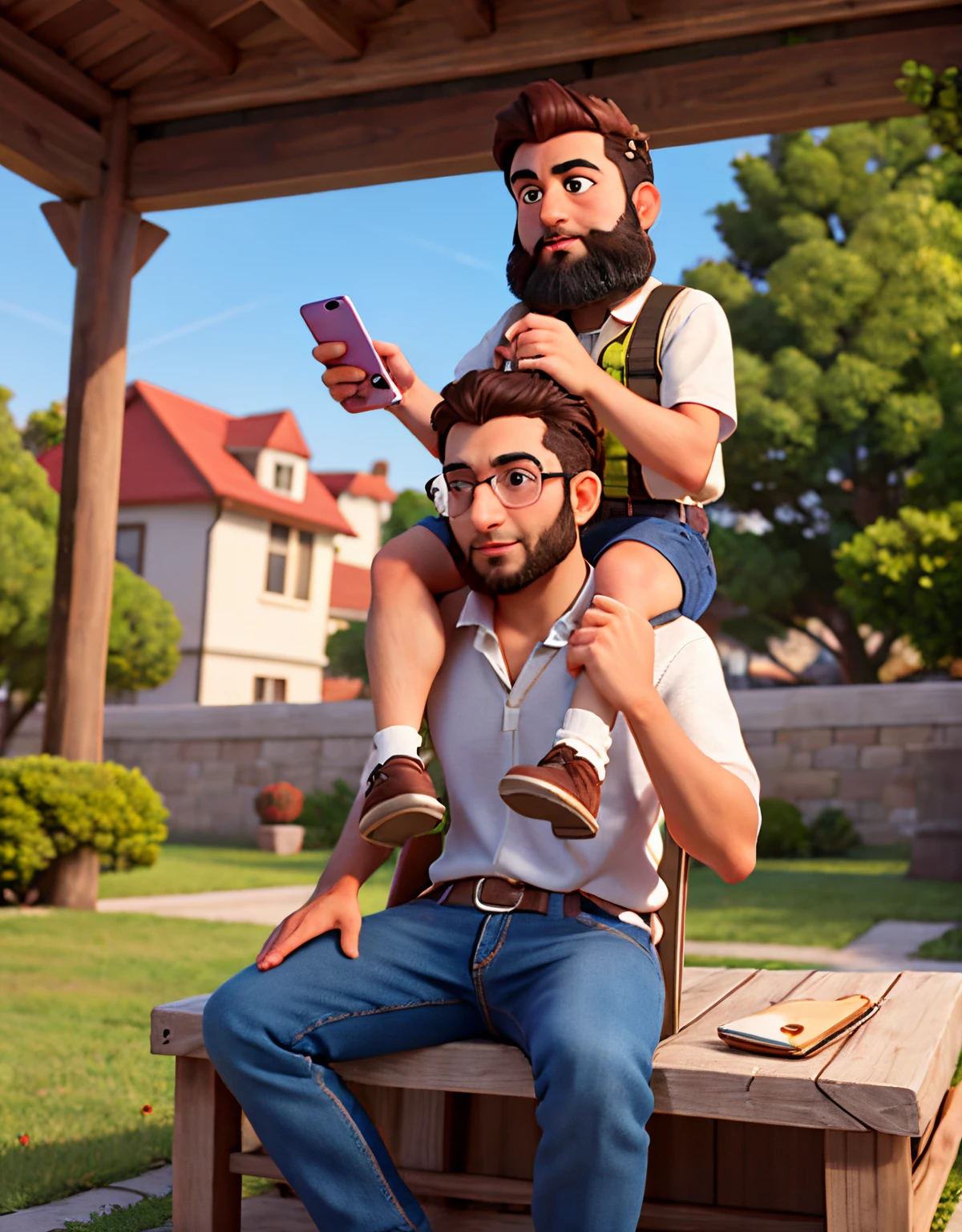 araffe with a beard and glasses sitting on a man's shoulders, with a kid, pai com filho, Tomado com Sony Alpha 9, Alex, tirado no iphone 14 pro, Tiro com iPhone 1 0, tirado no iphone 1 3 pro, amor, Tiro no iPhone 1 3 Pro, Tiro no iPhone 1 3 Pro Max, Mohamed Reda