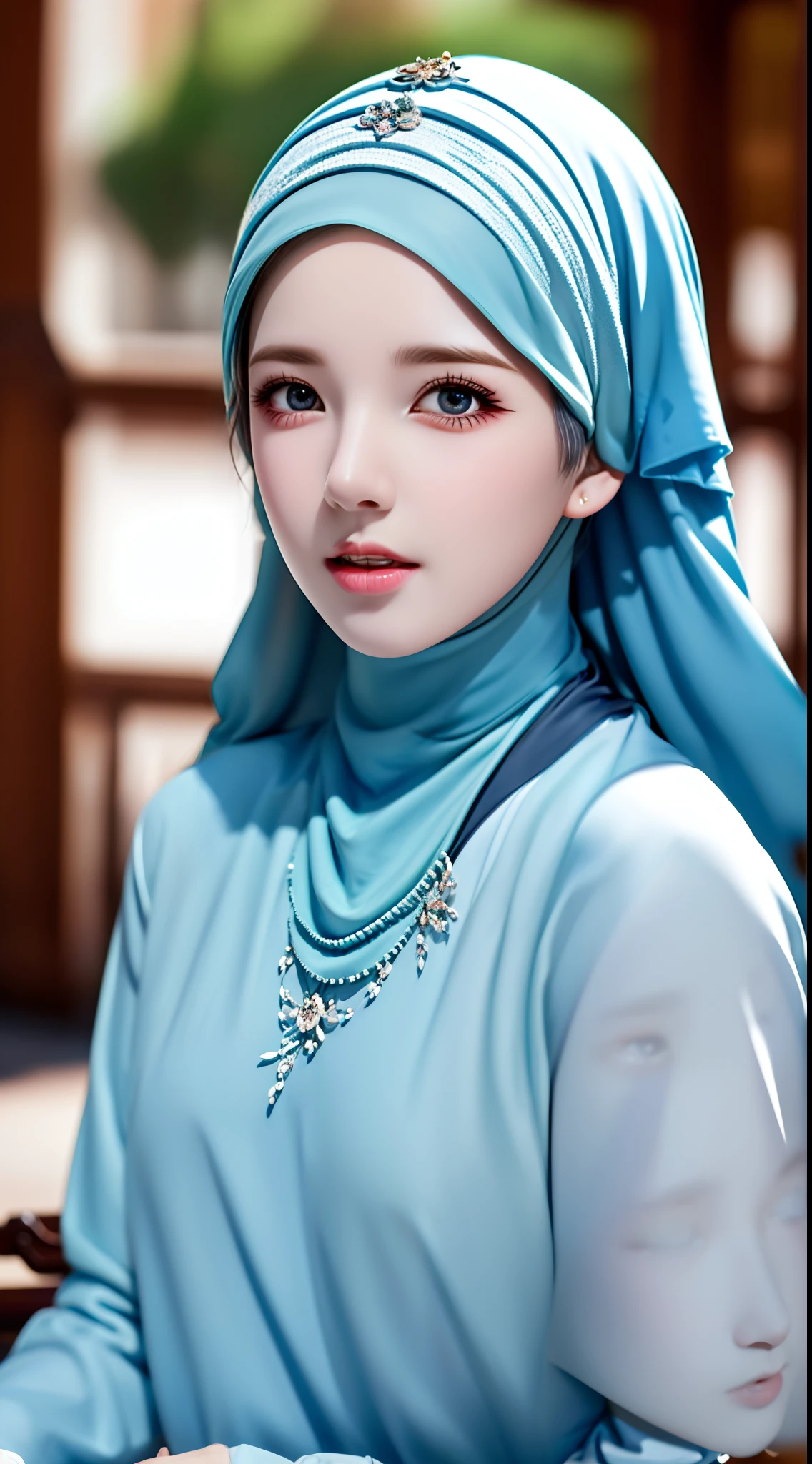 1girl, solo, beautiful face, high detailed realistic eyes, double eyelids, high detailed realistic pupils, upon body from head to waist, (wearing hijab:1.37), (moslem headscarf:1.37), reading glasses, sitting alone on a long chair, amazing mosque park background, taj mahal, best quality, masterpiece, highres, moslem female dress, Beautiful face, (upon body from head to waist:1.35), tyndall effect, photorealistic, dark studio, two tone lighting, 8k uhd, dslr, soft lighting, high quality, volumetric lighting, candid, Photograph, high resolution, 4k, 8k, Bokeh, (hyperrealistic girl), (illustration), (high resolution), (extremely detailed), (best illustration), (beautiful detailed eyes), (best quality), (ultra-detailed), (masterpiece), (wallpaper), (photorealistic), (natural light), (rim lighting), (detailed face), (high detailed realistic skin face texture), (anatomically correct), (heterochromic eyes), (detailed eyes), (sparkling eyes), (dynamic pose), (hair completely covered by the hijab:1.35)