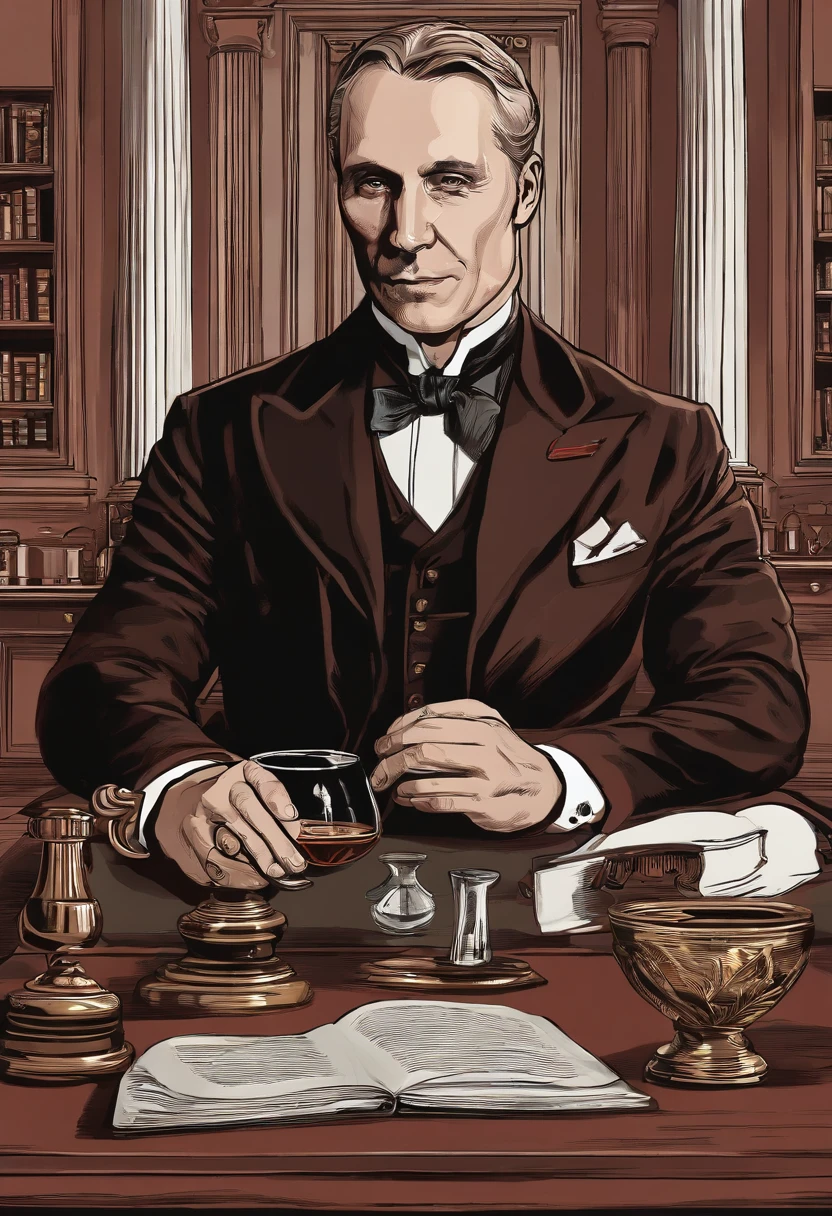 An image of Waterford elegantly sipping a glass of fine scotch in a luxurious study.,The Handmaid's Tale,Fred Waterford, a character from “The Handmaid’s Tale,” presents a commanding figure with a stern, composed demeanor, often seen in the authoritative, formal attire befitting his high-ranking position in the dystopian regime of Gilead. His neat appearance, with a clean-shaven face and well-groomed hair, masks the cruelty and manipulation he is capable of as one of the architects of the oppressive society.