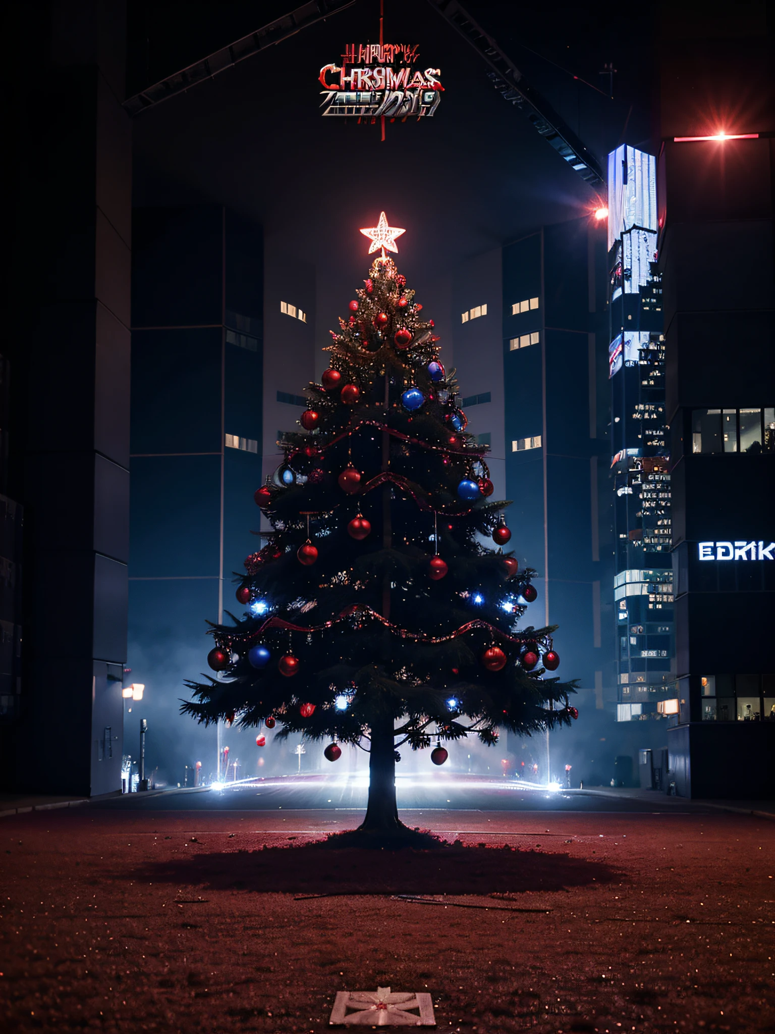 New Year tree with red Christmas tree decorations. Cyberpunk style New Year card with blue and purple light.
