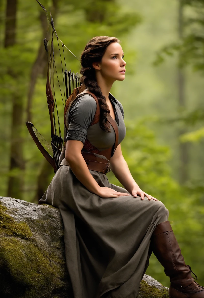 A photo of Katniss perched on a high rock, overlooking a vast forest.,The Hunger Games Trilogy,Katniss Everdeen, the protagonist of “The Hunger Games,” is characterized by her athletic build, olive skin, dark hair often styled in a practical braid, and striking grey eyes, reflecting her resilience and resourcefulness. Her appearance is marked by a blend of toughness and understated beauty, often wearing simple, functional clothing that suits her pragmatic and independent nature.