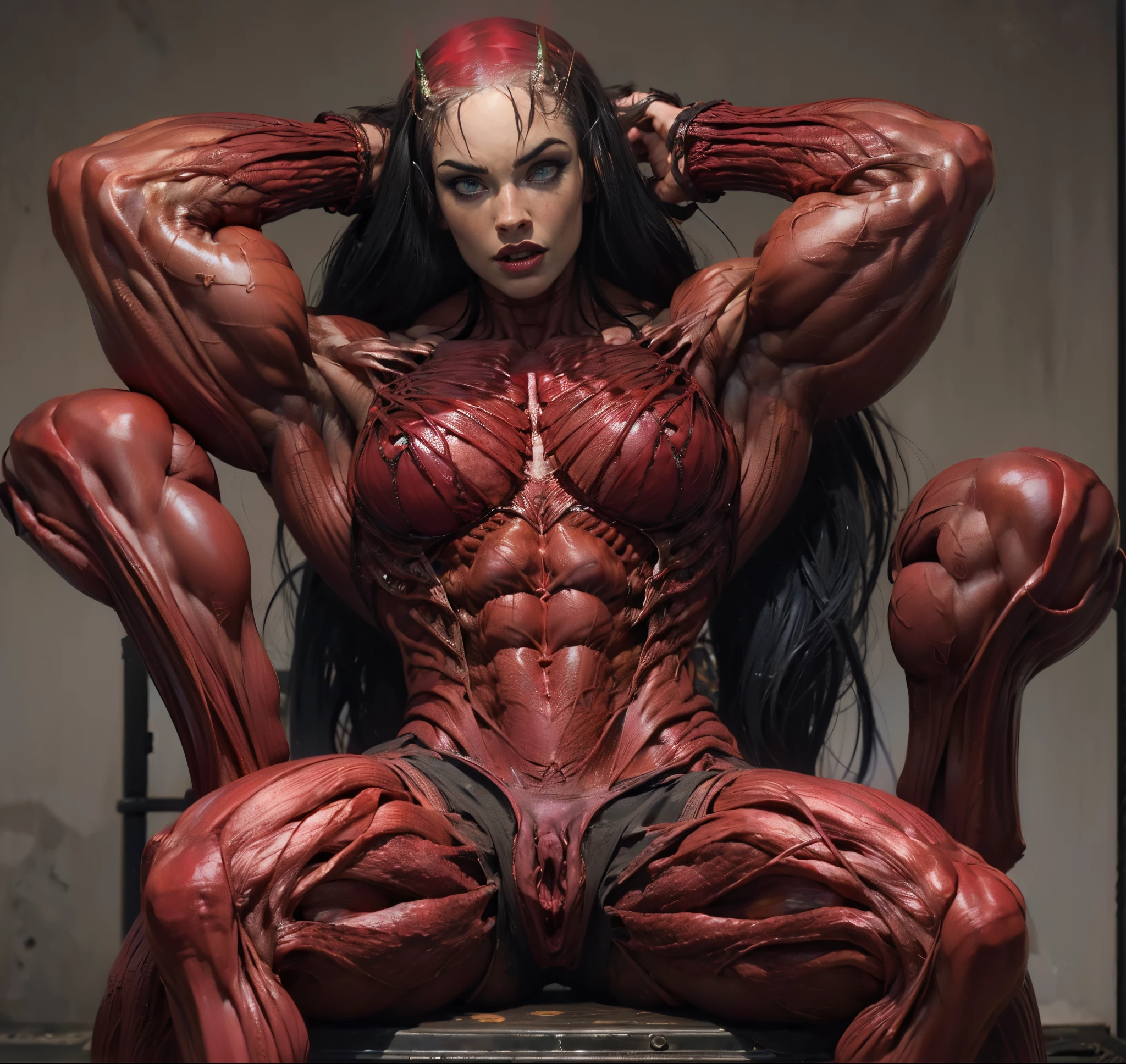 (1 skinless girl), (carnage skinless physique:1.5), (megan-fox:1.5), (1 super muscular undead skinless succubus with gigantic horns:1.5), (covered in red necrotic rotting skinless muscle:1.5), (exposed muscular anatomy:1.5), (perfect fingers:1.25),(8k, RAW photo, photorealistic:1.25), dark horrific scary atmosphere, hellish landscape, Hellraiser like atmosphere,, by bernie wrightson and christos achilleos and thomas cook; 64k