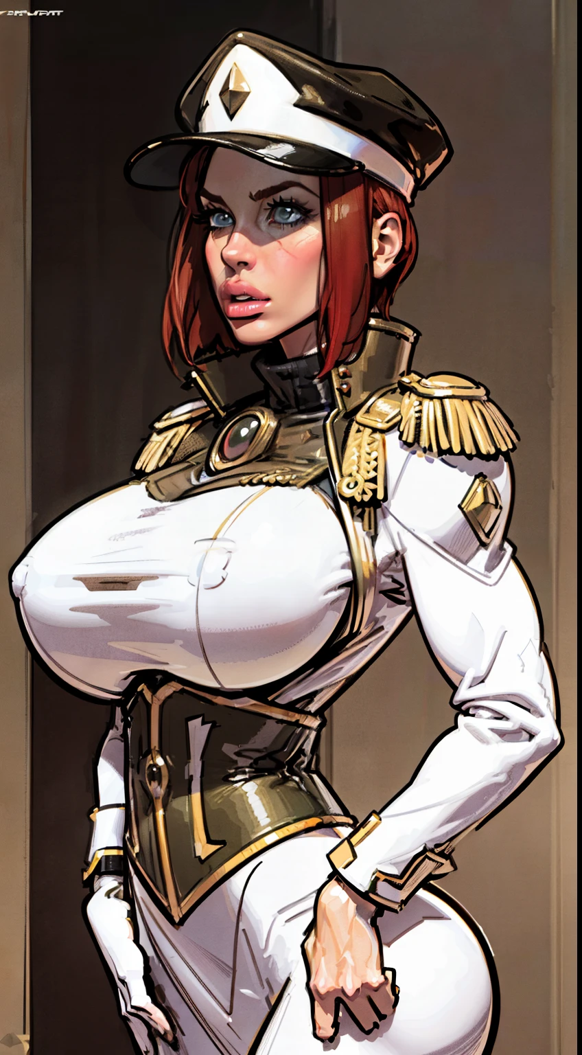 (pale skin:1.2), (white skin:1.5), ((front view:1.3)), pale face, (puffy lips:1.4), (gigantic breasts:1.4), ((gigantic breasts:1.3)), design sheet, masterpiece, (slendered abs:1.2) ,detailed , Forte Stollen typically wears a military-style uniform that reflects her role as a skilled officer. This uniform includes a form-fitting jacket with epaulets, insignia denoting her rank, and matching trousers. She may also wear gloves, and her ensemble is often accented with belts , utility pouches for a practical, combat-ready look, The color scheme is generally consistent with military aesthetics, often featuring shades of green, brown, or gray, shiny skin, beautiful lighting from the side, soft warm light,epic pose, hat, short red hair, dynamic movie poster, masterpiece, high definition, Extreme Detailed Portrait With Bokeh Effect , Realistic Lighting