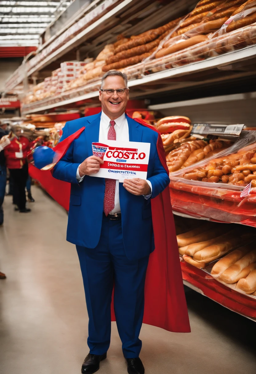 A photo of the CEO of Costco dressed in a superhero costume, holding a sign that says 'Protecting the $1.50 Costco Hotdog Price!',original,Costco CEO is Craig Jelinek
