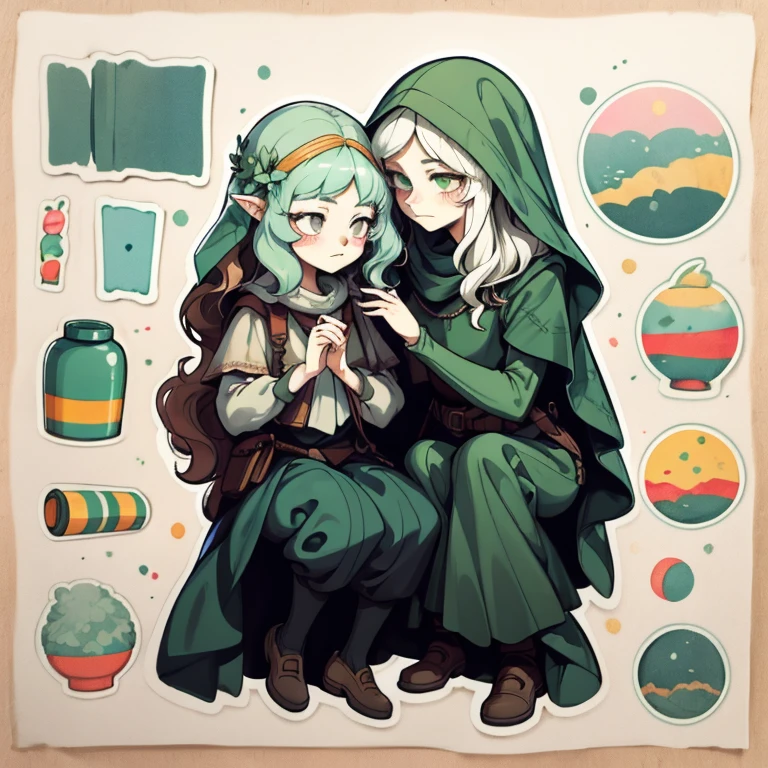 1 sticker, handbook, (Sticker, Medieval heavy dress, luna. veil, Separating elements), watercolour, whitebackground, Simple background, minimal, Cute, tiny, Color: pastel colours, vector style, No gradient, pale skinned man,Medium Hair, Druid, half-elf ,Green clothes,illustartion,Realistic,Harmonious colours,natural lighting, white colored hair, curly hair