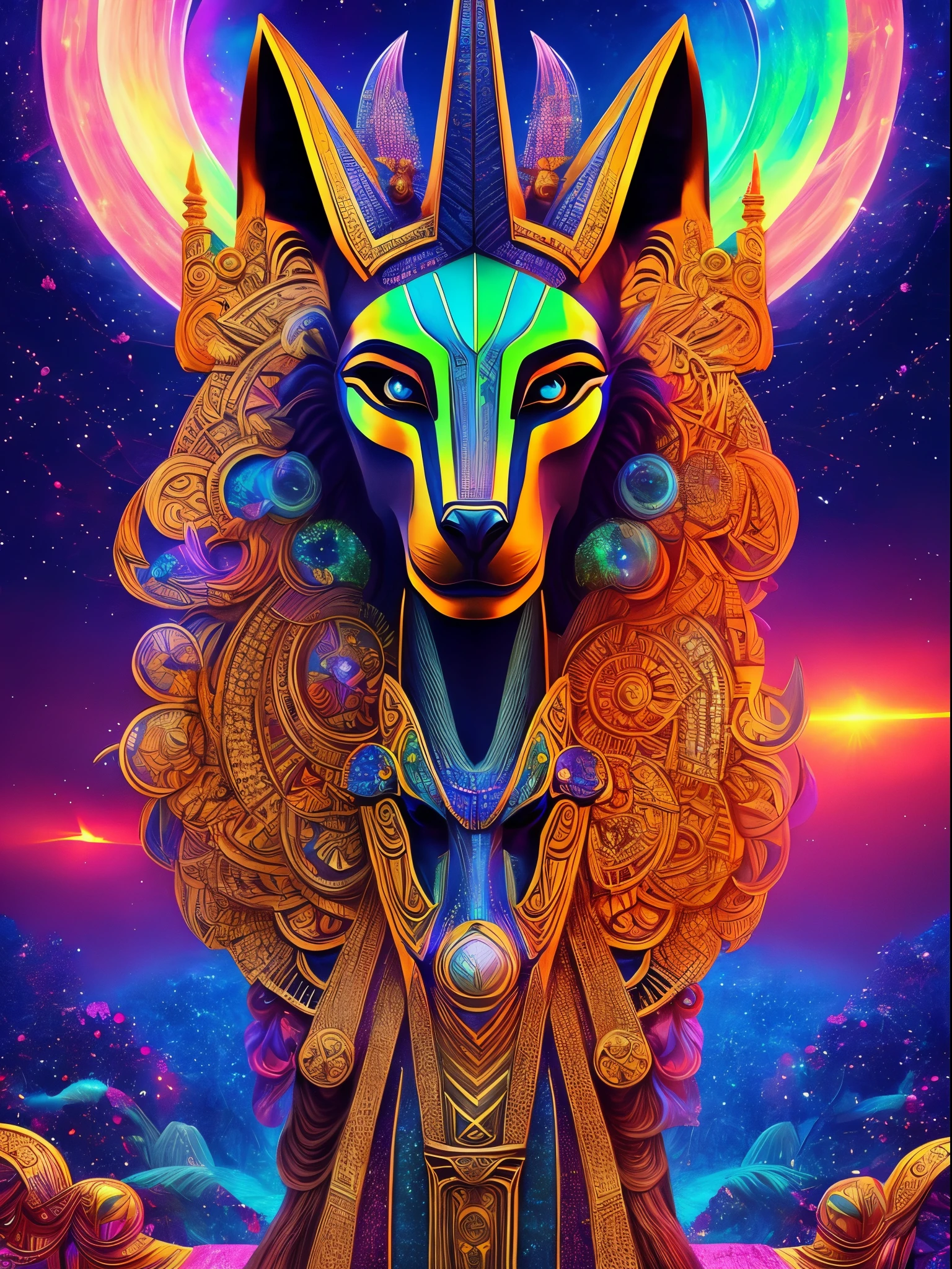 The prompt for the given theme would be:
"Anubis in a psychedelic and surreal world, ultra-detailed, with vibrant colors and lighting effects, creating a masterpiece with 8k and 4k resolution. Anubis is depicted with intricate details, merging with the surroundings seamlessly. The artwork showcases Anubis under the influence of LSD, where space and time lose their boundaries. The scene exudes a sense of otherworldly beauty and mystique, combining the ancient Egyptian deity with a contemporary psychedelic aesthetic, creating a visually stunning and mind-altering experience."