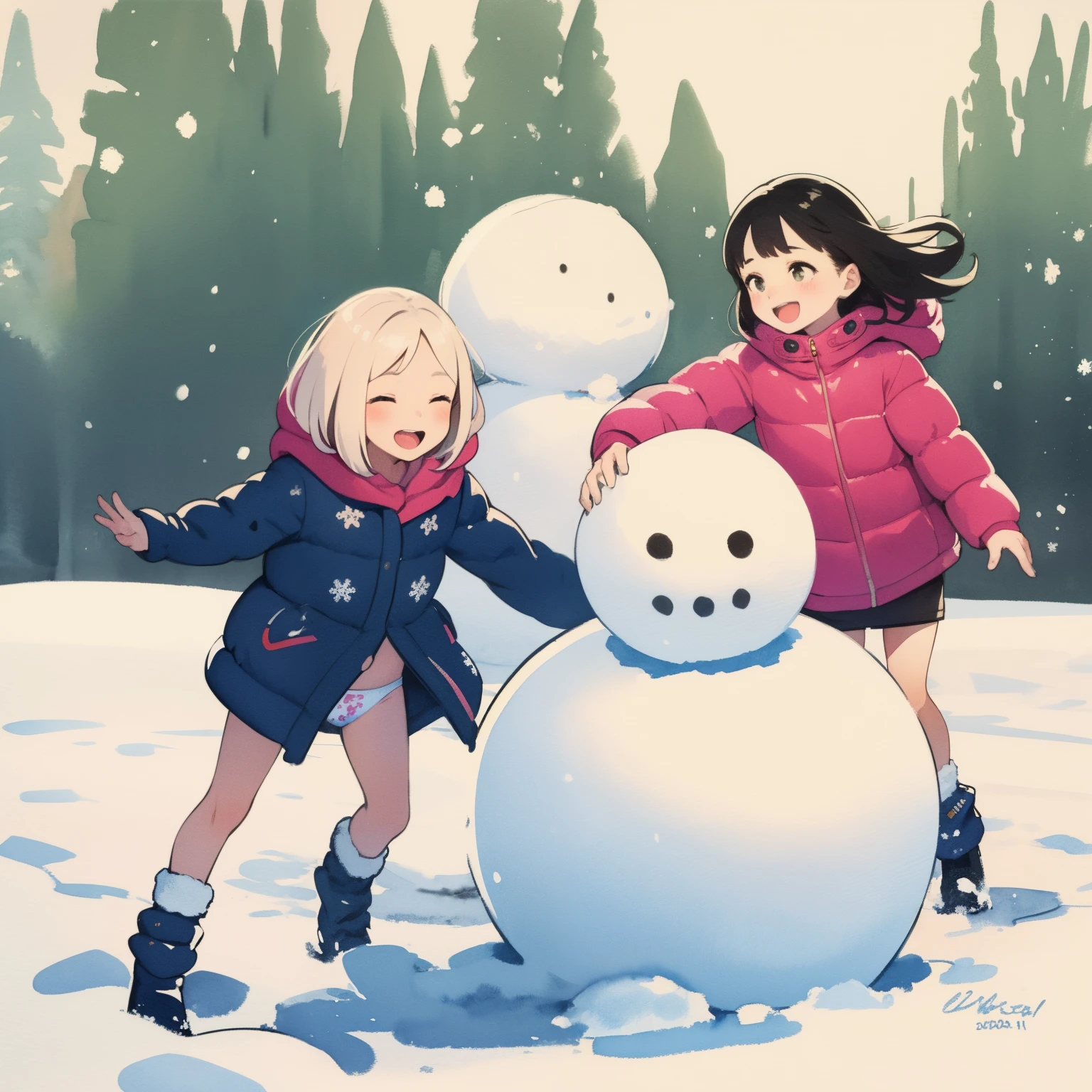 (masterpiece:1.2, best quality), 2girls, ite, youlim, colorful down jacket, (children's print panties), long hair, rolling a big snow ball, making a snowman, smile, laugh, fun, play, winter, snow, white, sunny, bright, watercolor