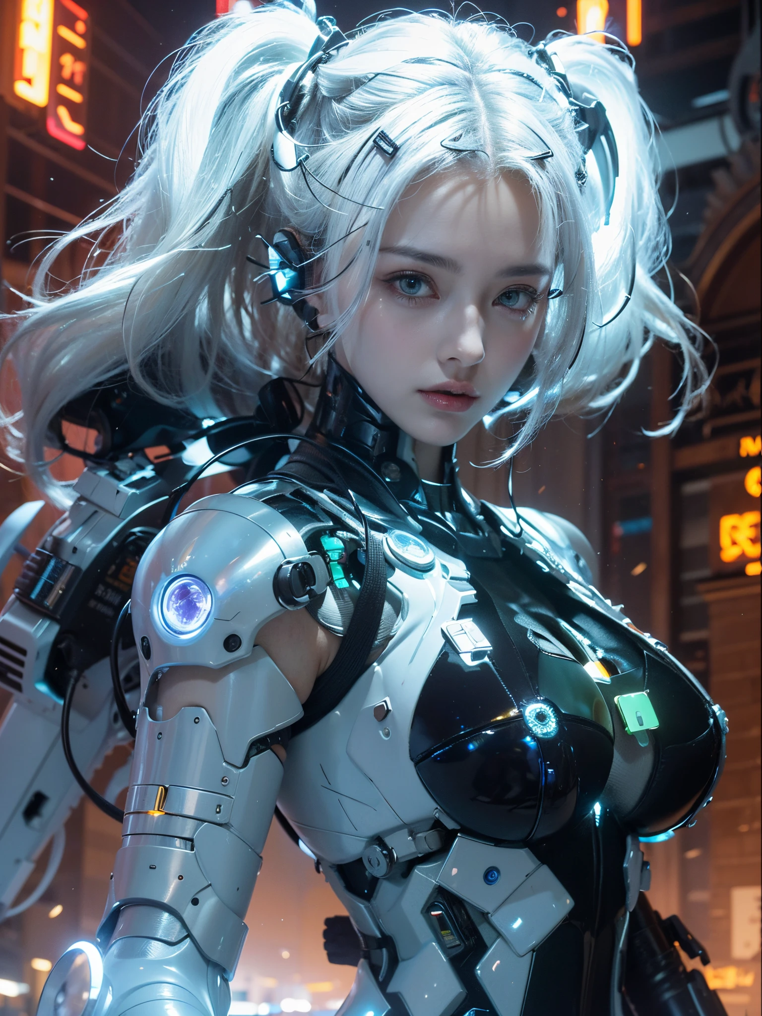 ((robot girl, mecha)), glowing eyes, delicate face, broken armor, mechanical aura, mechanical arm, gray hair, long hair, ceramic body, thigh gap, small breast, cyber background, very fine city, (translucent, reflective skin), 8k, best quality, ultra-detailed, (surrealism: 1.4),  